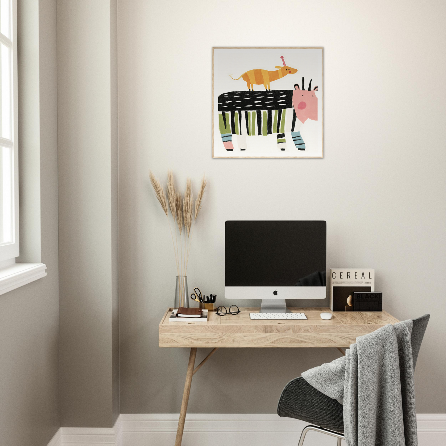 Minimalist workspace featuring an iMac on a wooden desk, showcasing Stacked Whimsies Dancing special edition art™