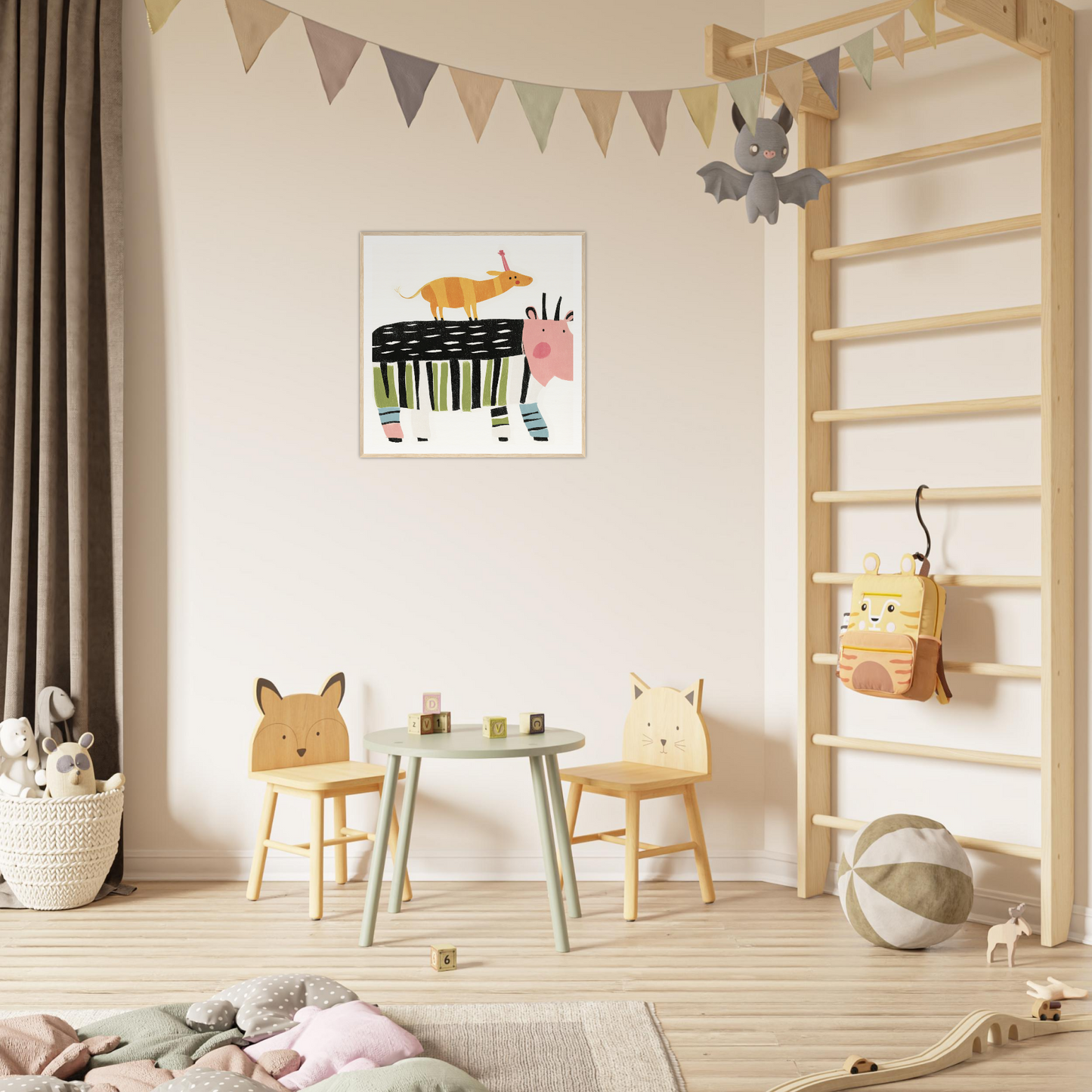 Children’s play area featuring animal-themed chairs and round table from Stacked Whimsies Dancing special edition art™