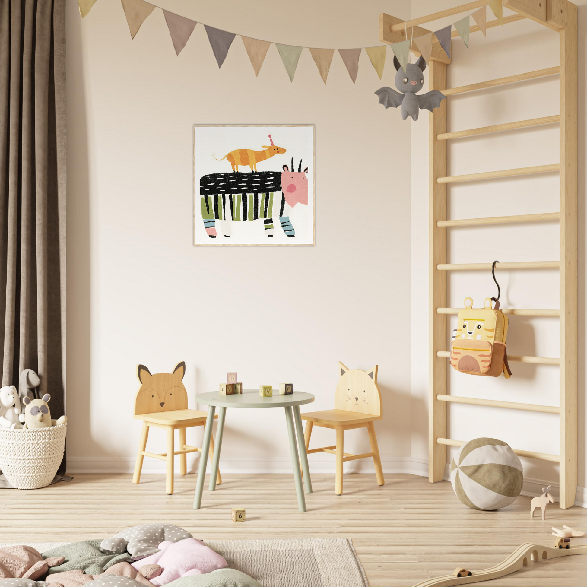 Children’s play area featuring animal-themed chairs and round table from Stacked Whimsies Dancing special edition art™
