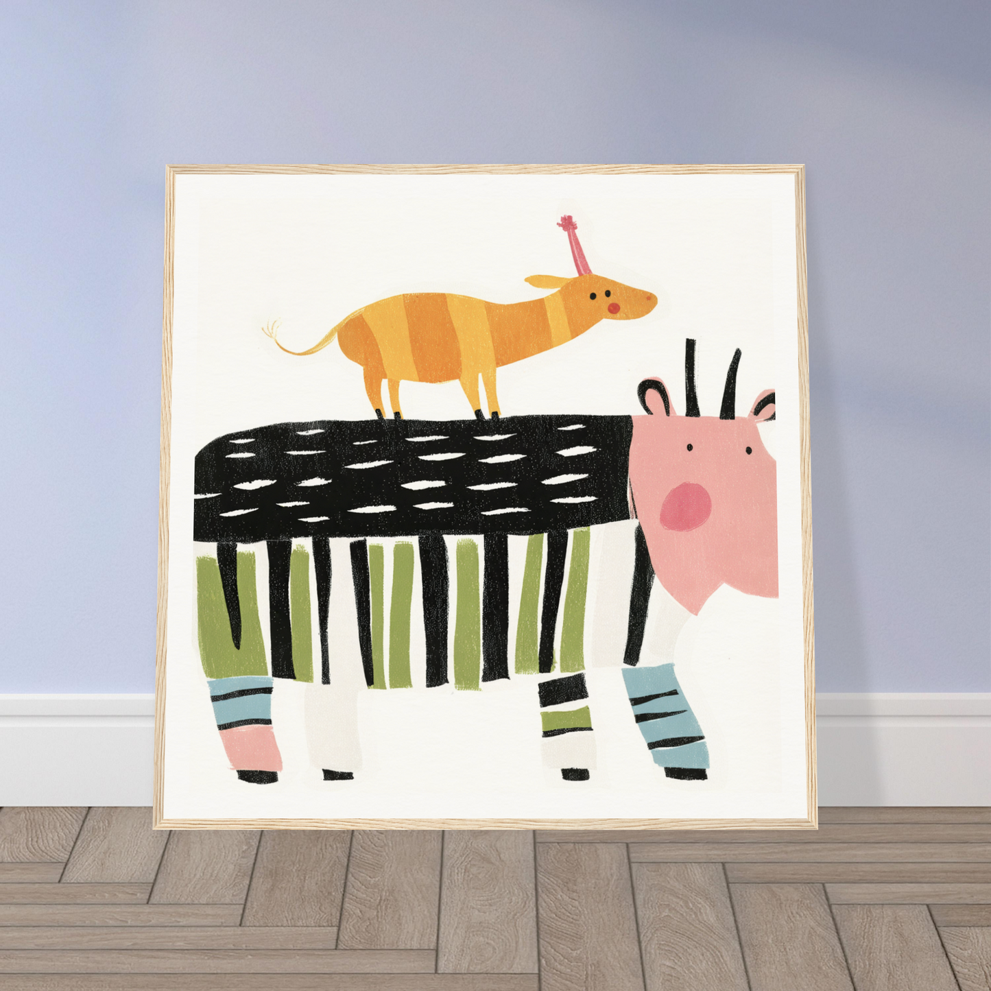 Whimsical special edition art featuring a striped cow and an orange dog on its back