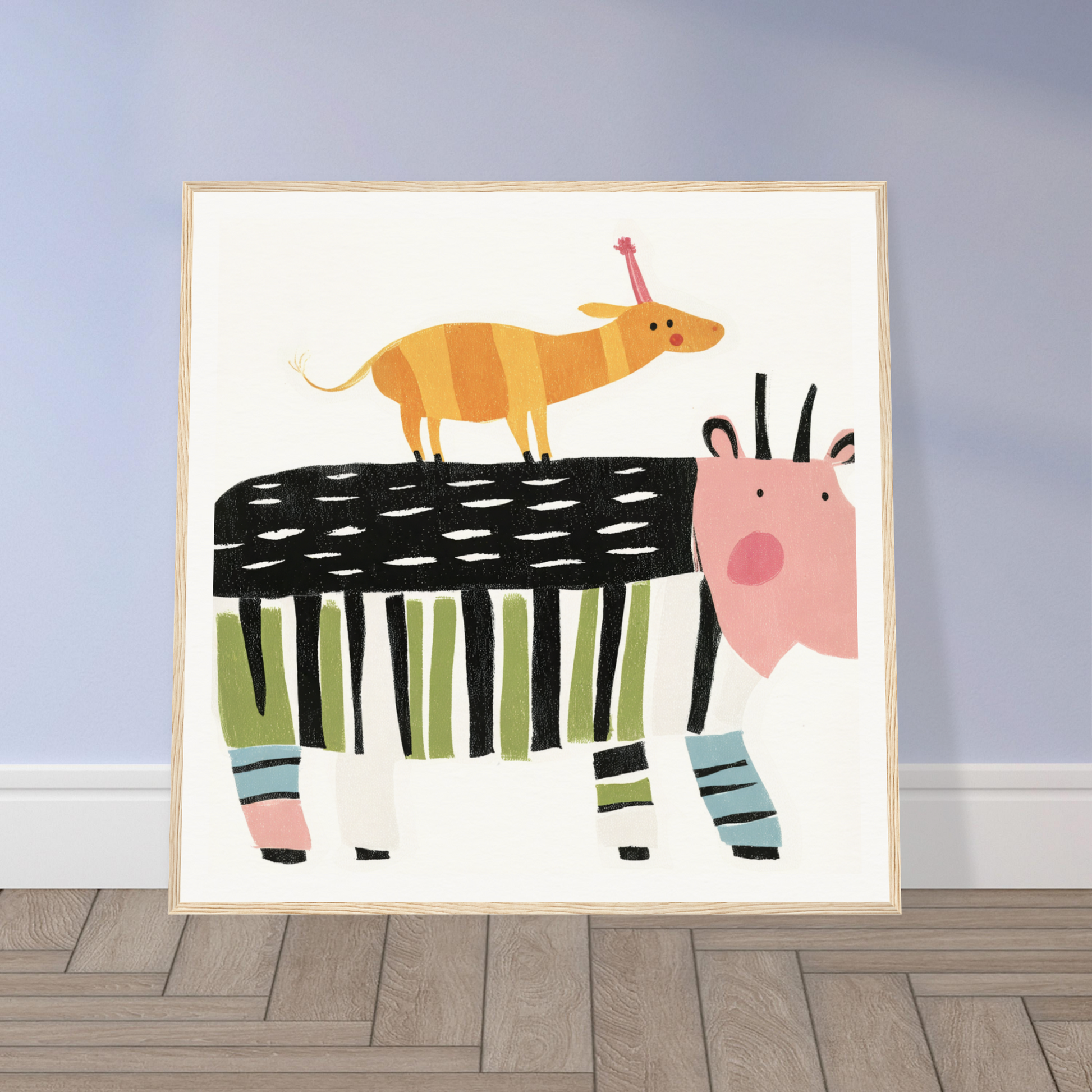 Whimsical special edition art featuring a striped cow and an orange dog on its back