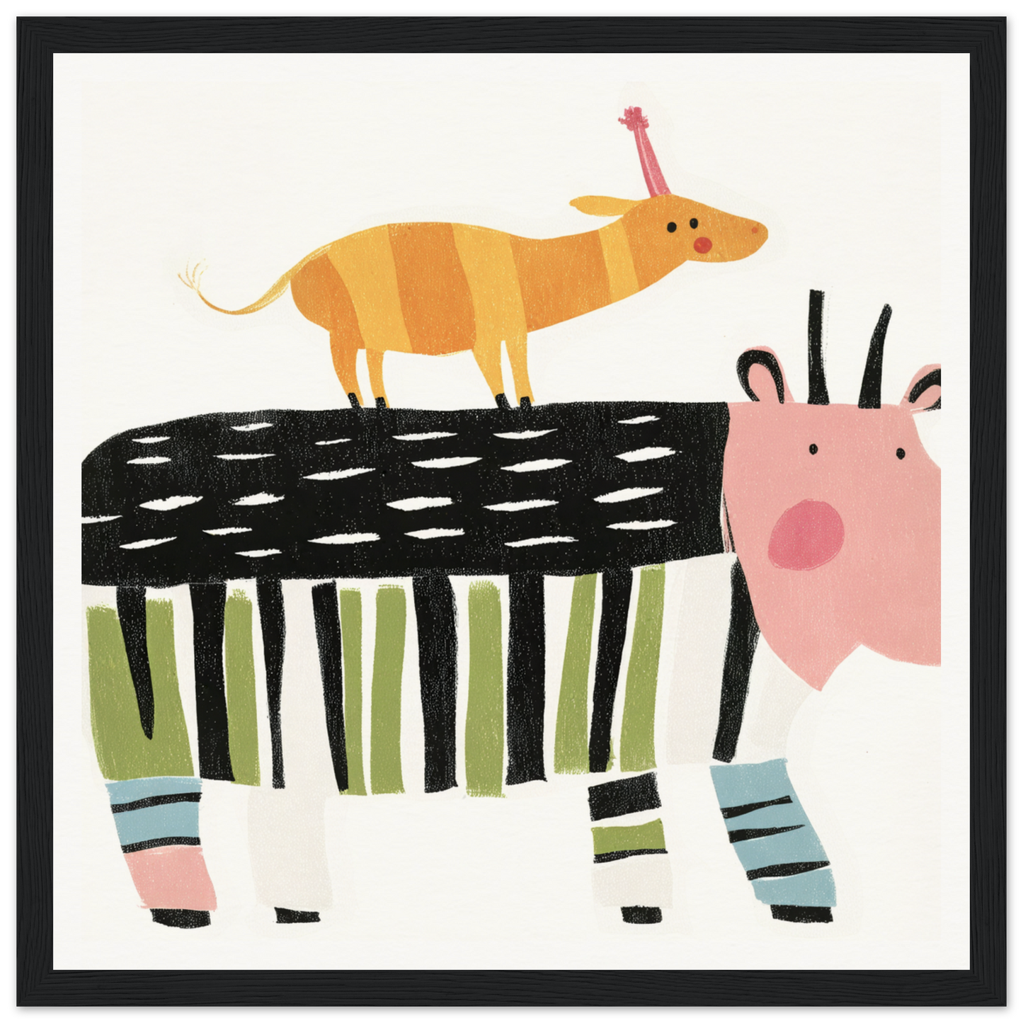 Whimsical illustration of a striped cow and orange dog in Special Edition Art™