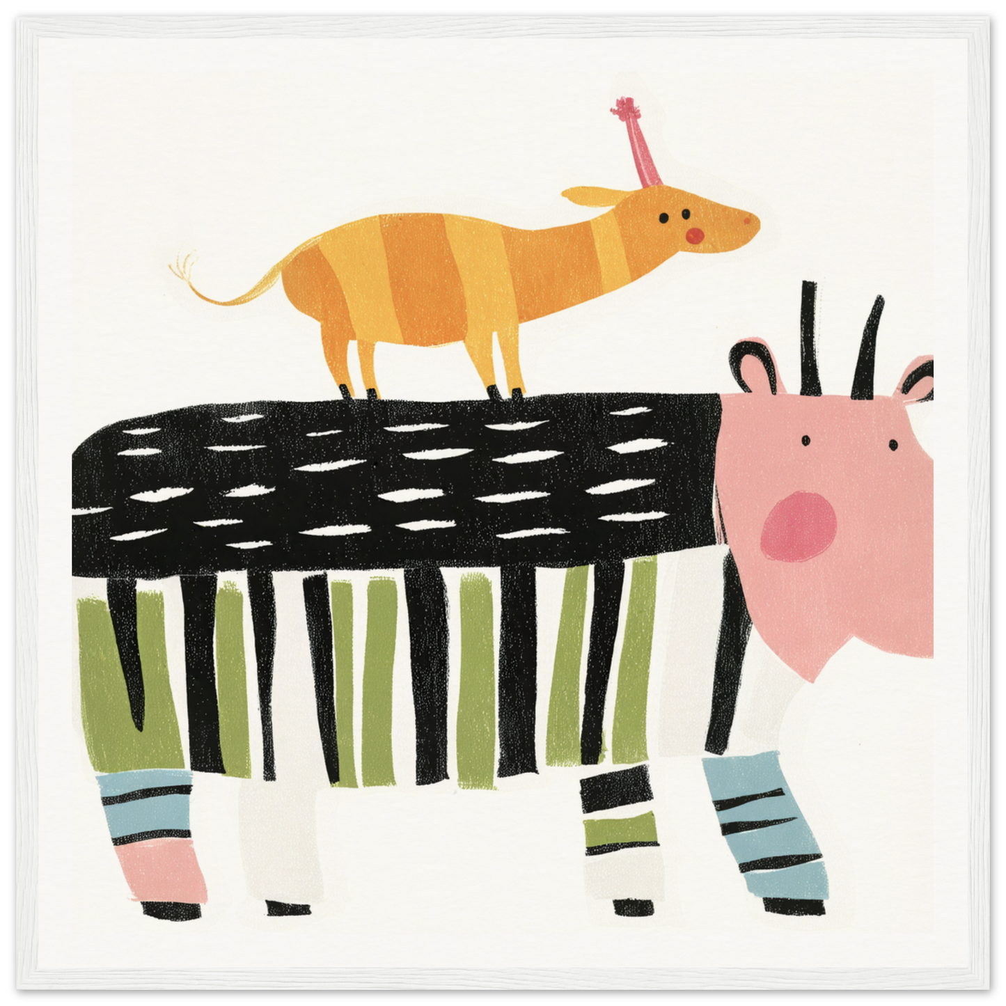 Whimsical special edition art of a zebra-like creature with a small orange dog