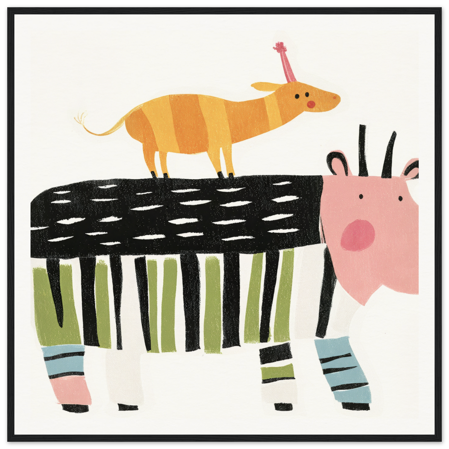 Whimsical illustration of a striped cow with a yellow animal, special edition art™