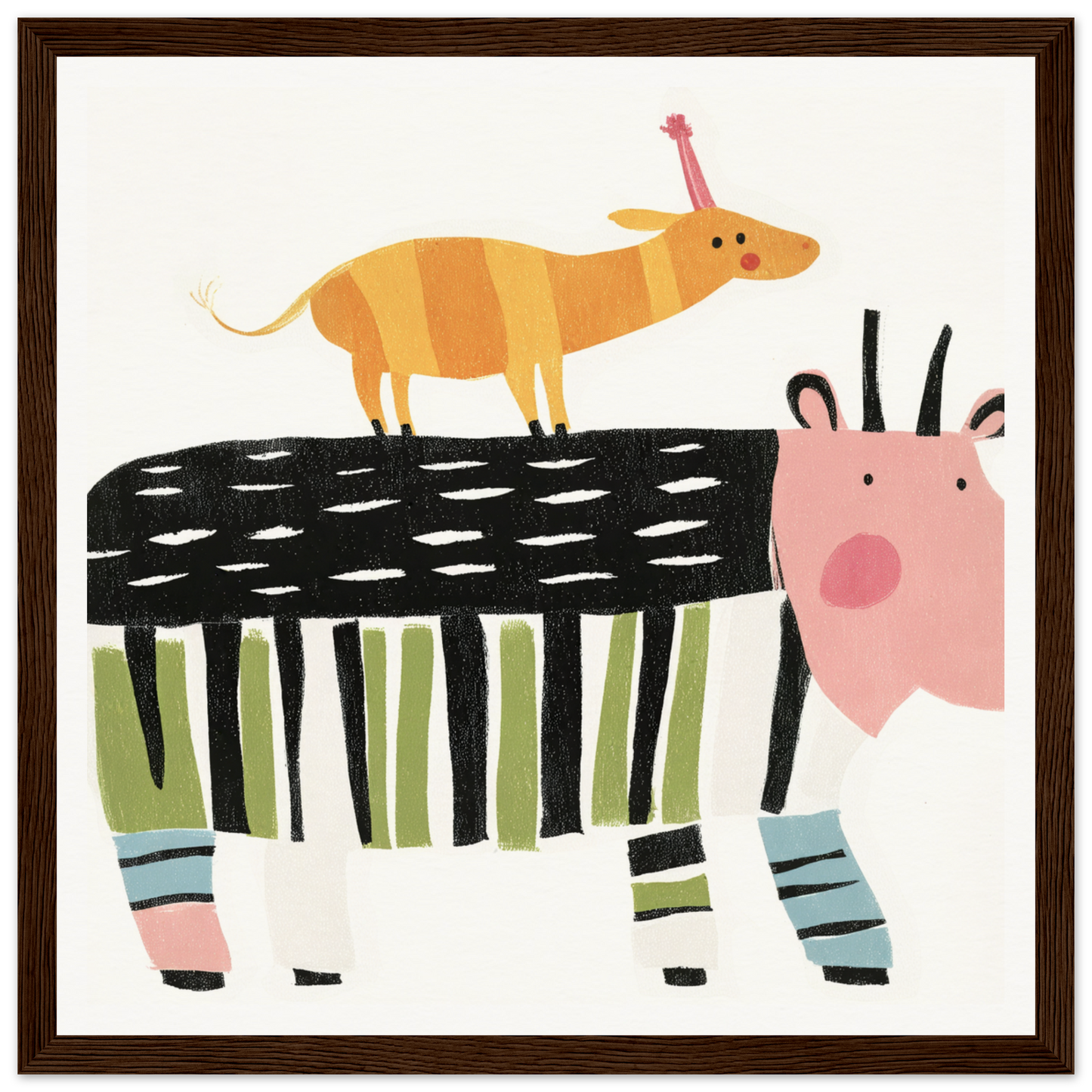 Whimsical special edition art™ featuring a striped cow and an orange dog stacked