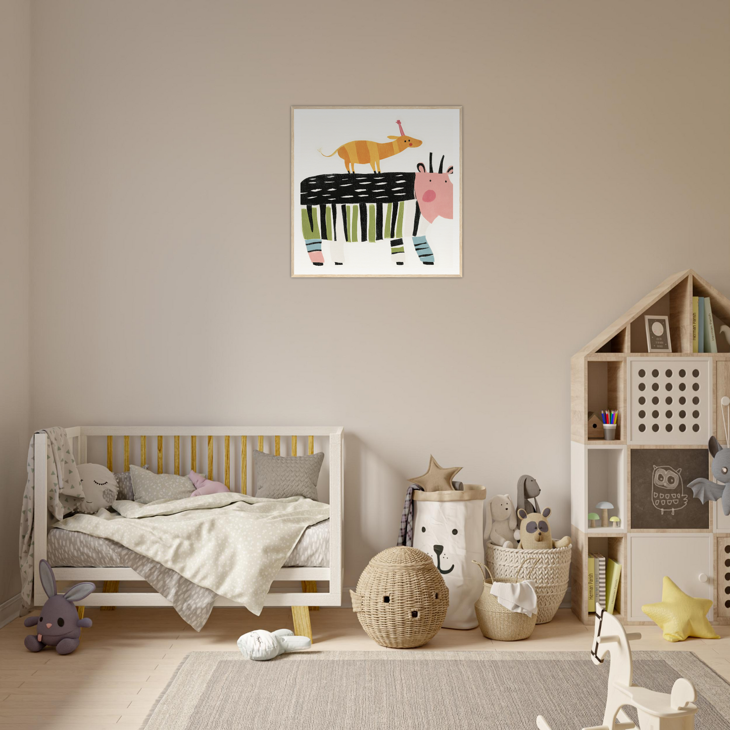 White wooden crib with gray bedding and yellow accents for the Stacked Whimsies Dancing special edition art™