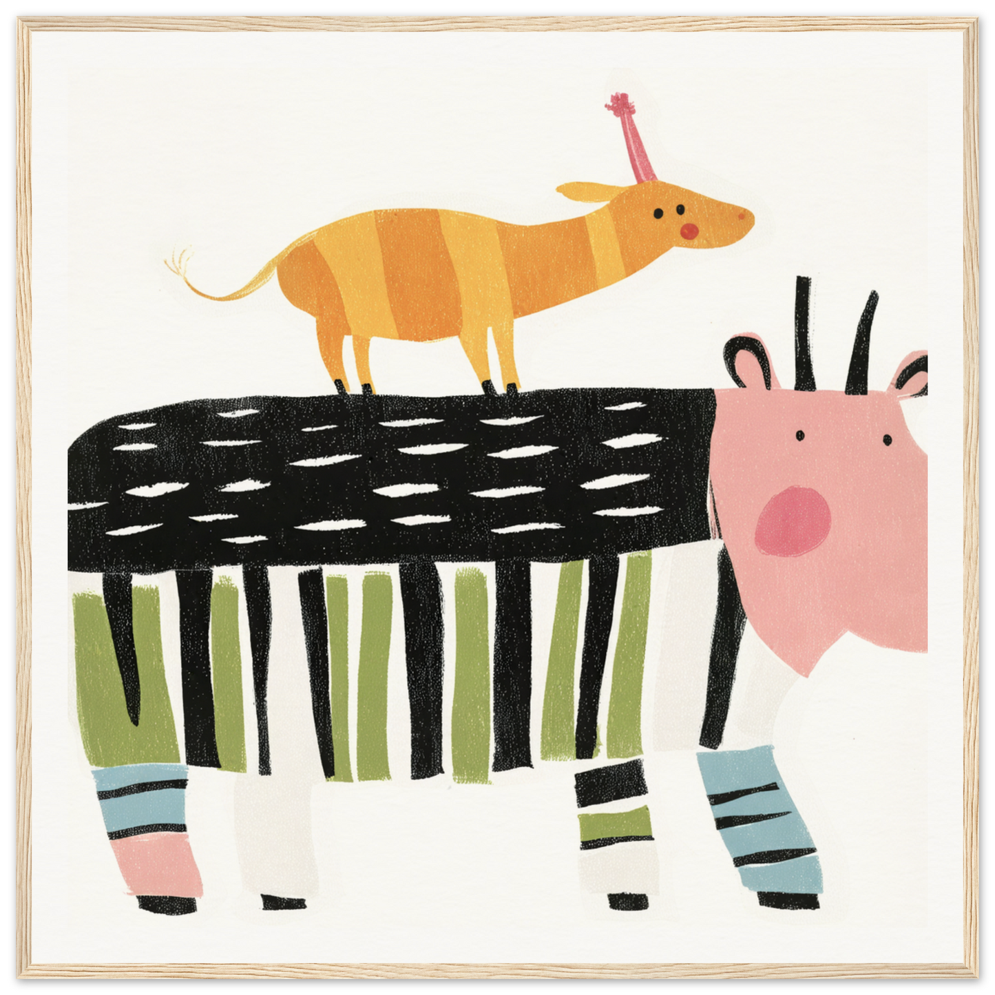 Whimsical illustration of a striped cow and yellow animal for Special Edition Art™
