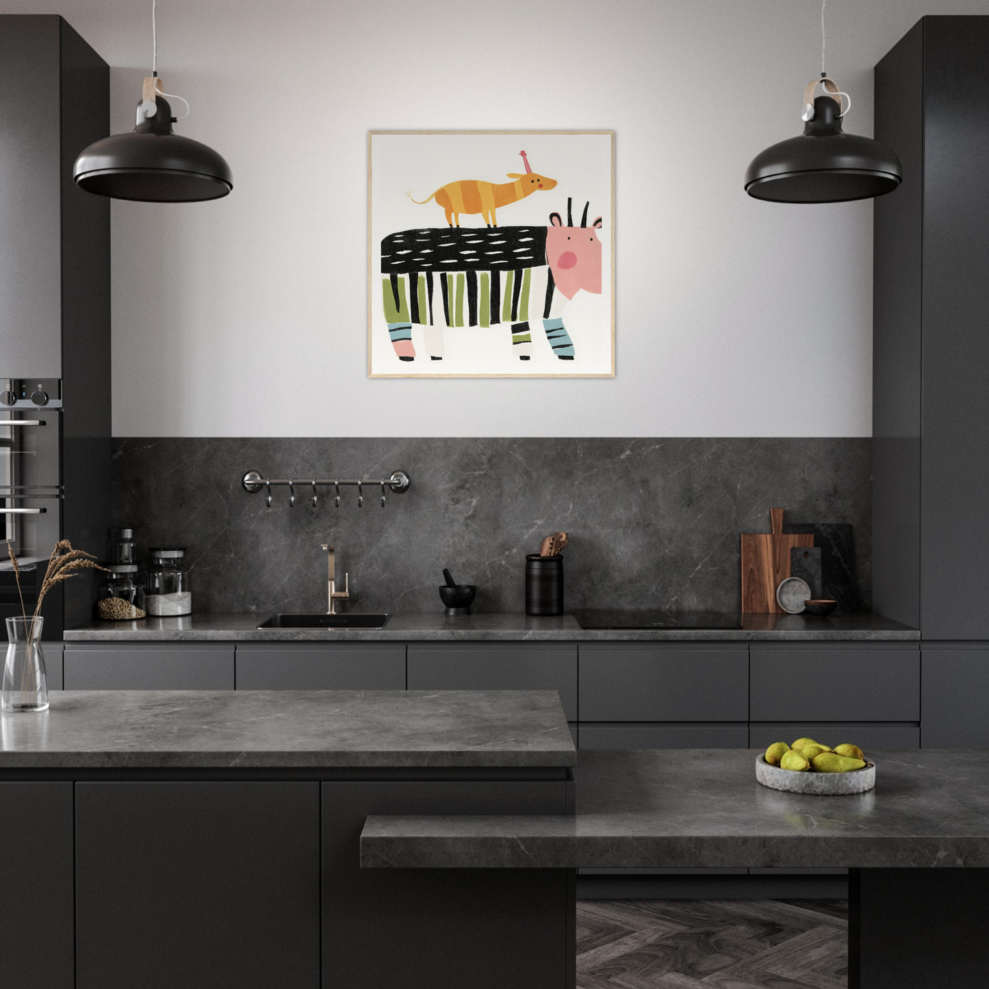 Modern dark kitchen showcasing Stacked Whimsies Dancing special edition art™ on the wall