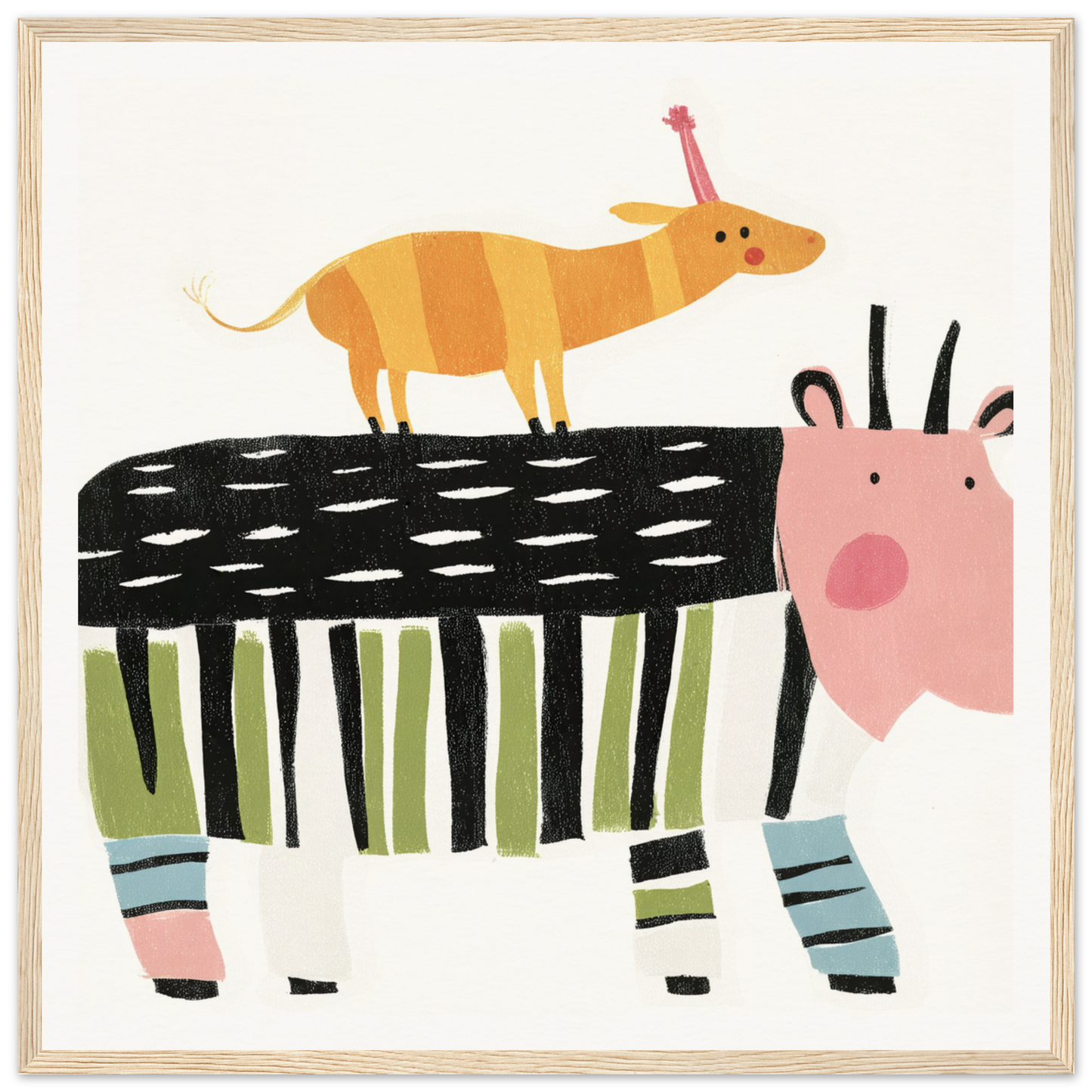 Whimsical illustration of a striped cow and yellow dog for Special Edition Art™