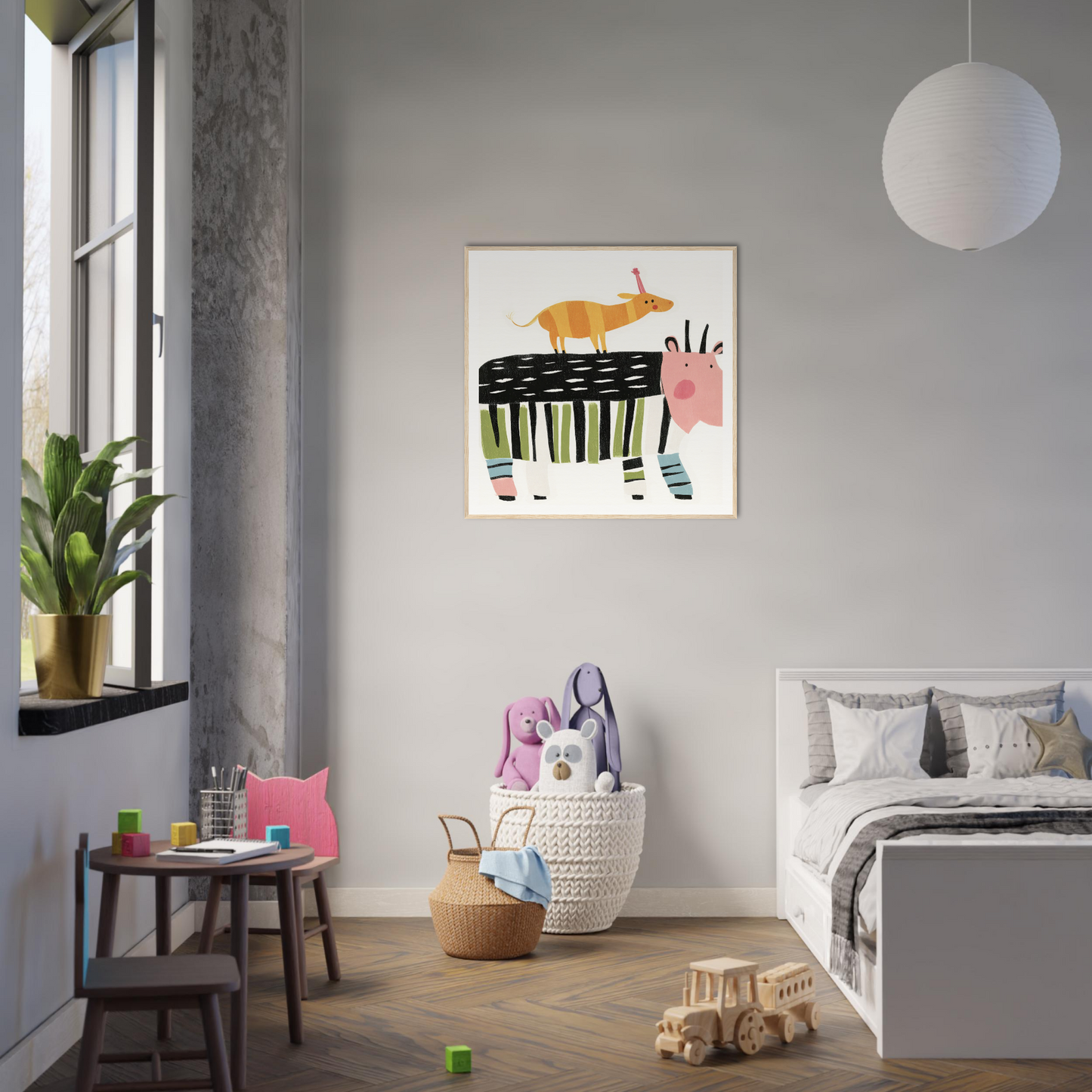 Modern bedroom featuring Stacked Whimsies Dancing special edition art with colorful geometric shapes