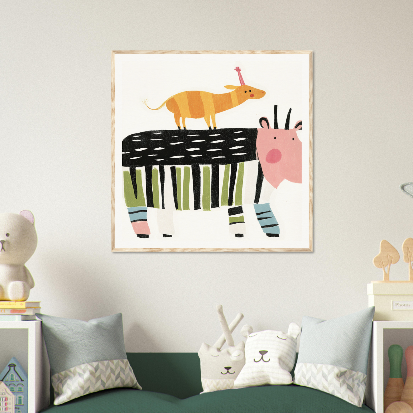 Whimsical special edition art featuring a pink cow in striped socks with an orange animal