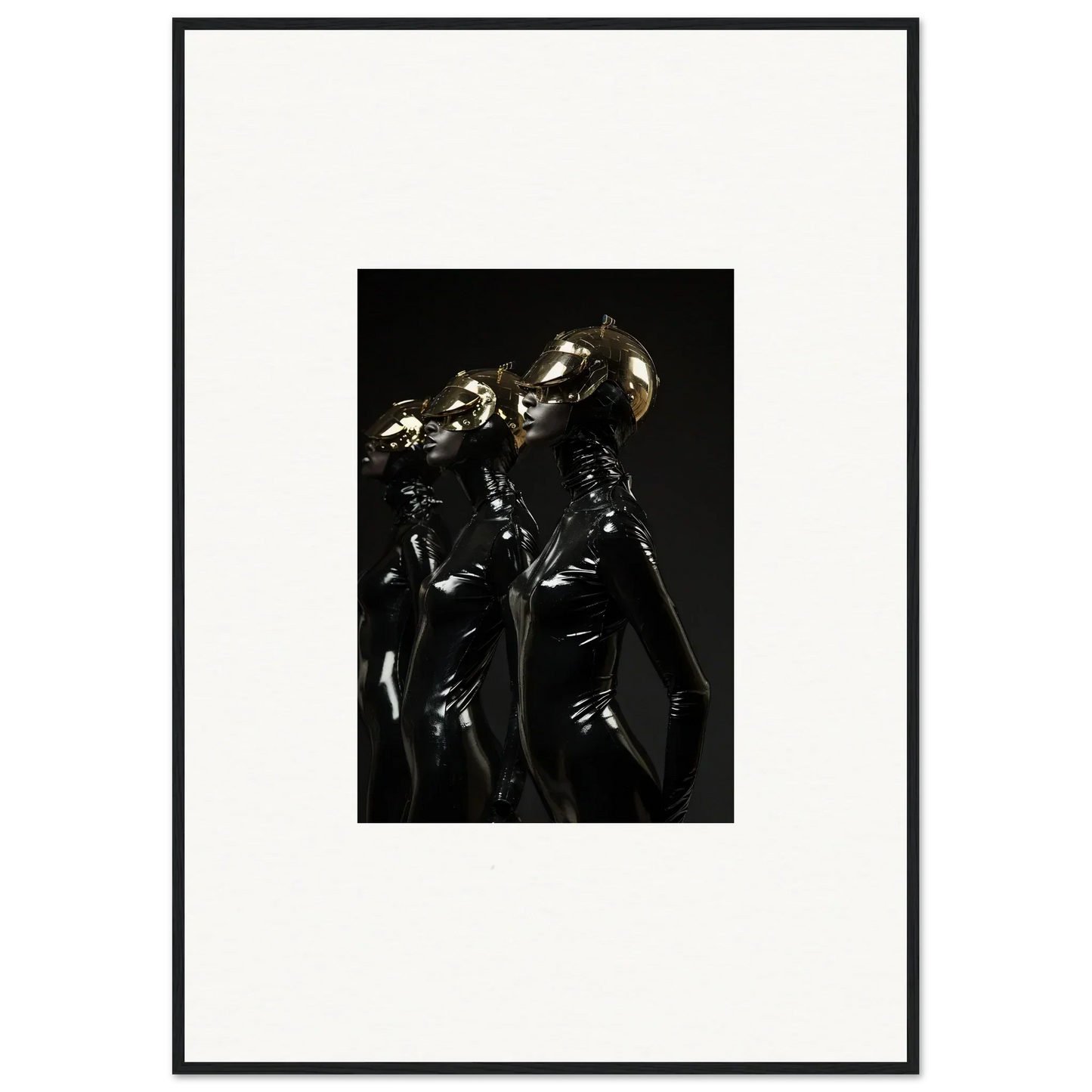 Framed photograph of figures in shiny black outfits with metallic helmets.
