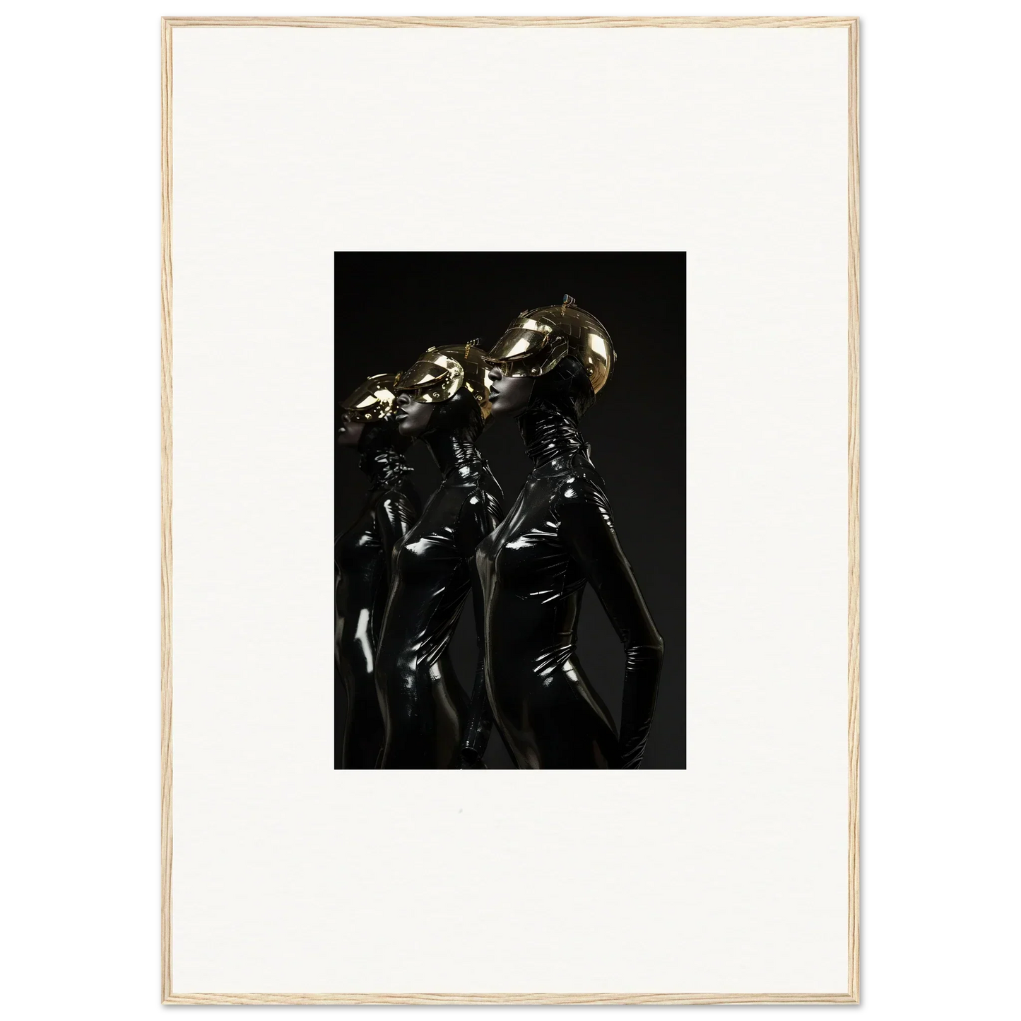 Metallic humanoid figures in shiny, reflective suits standing together.