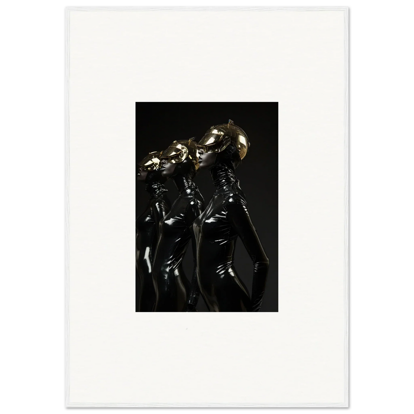 Metallic robotic figures with elongated heads in a dark, reflective style.
