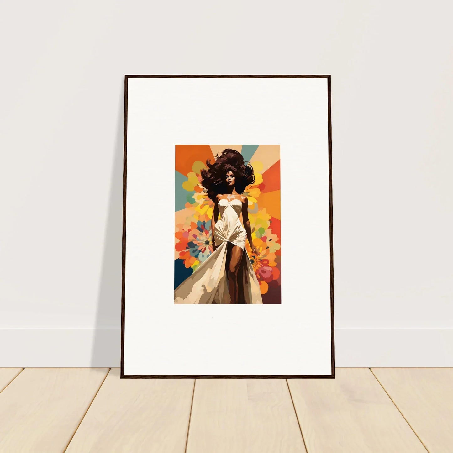 Framed wall art of Starlit Lux Dame featuring a woman in white on orange and blue