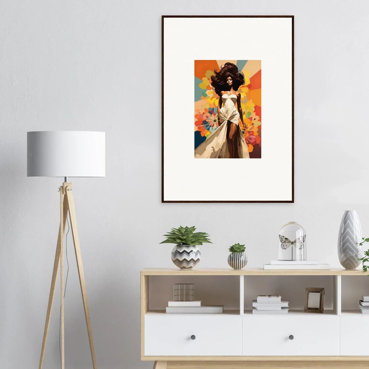 Framed wall art featuring Starlit Lux Dame against a vibrant orange and blue backdrop