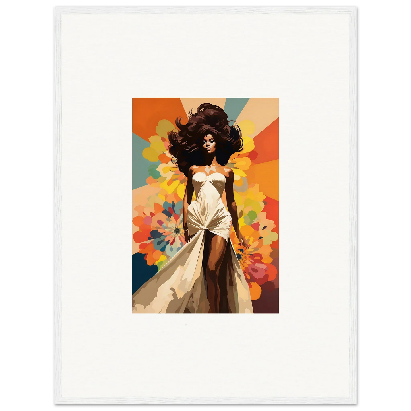 A stunning figure in a white dress with dark hair for Starlit Lux Dame wall art