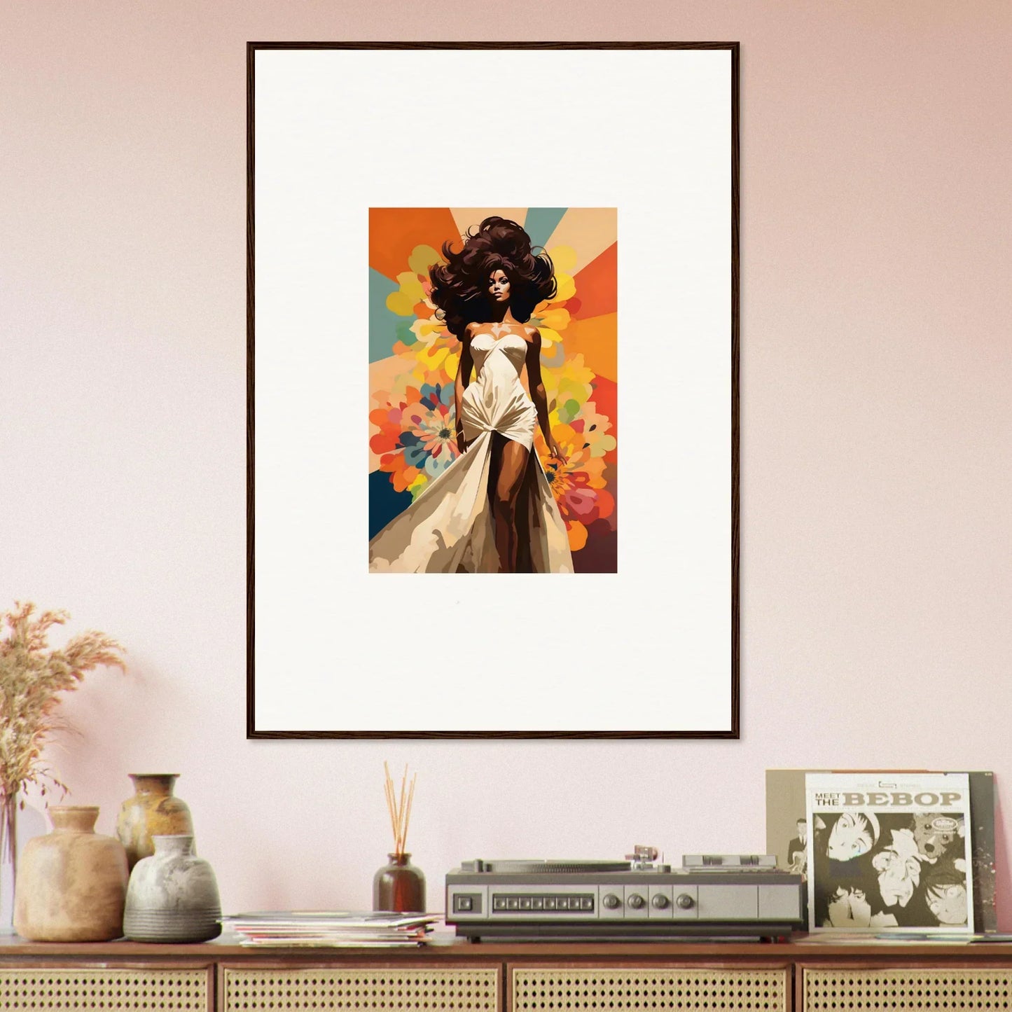 Framed wall art of Starlit Lux Dame in a flowing white dress on a vibrant background
