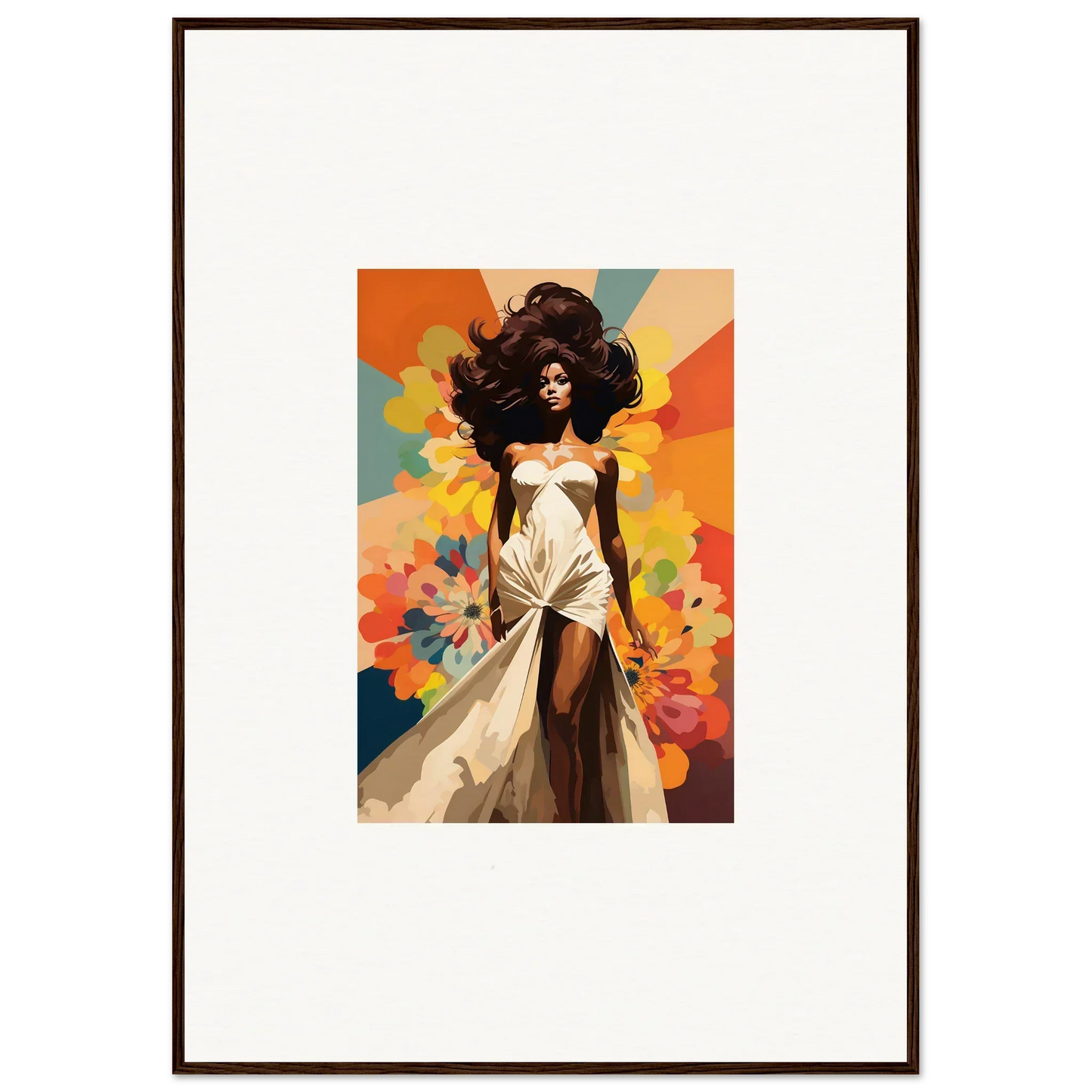 Framed wall art of Starlit Lux Dame, showcasing a figure in a white dress on vibrant background