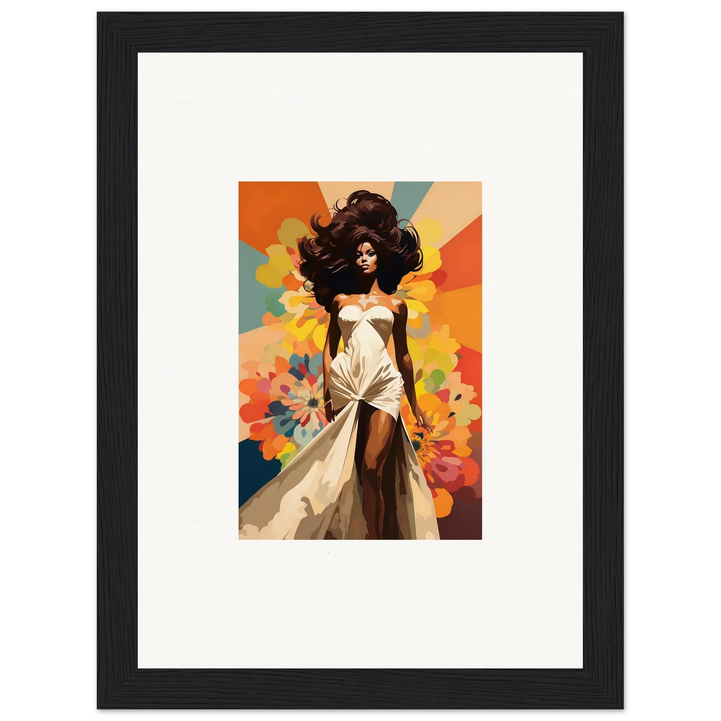 Framed wall art of Starlit Lux Dame in a white dress with a colorful backdrop