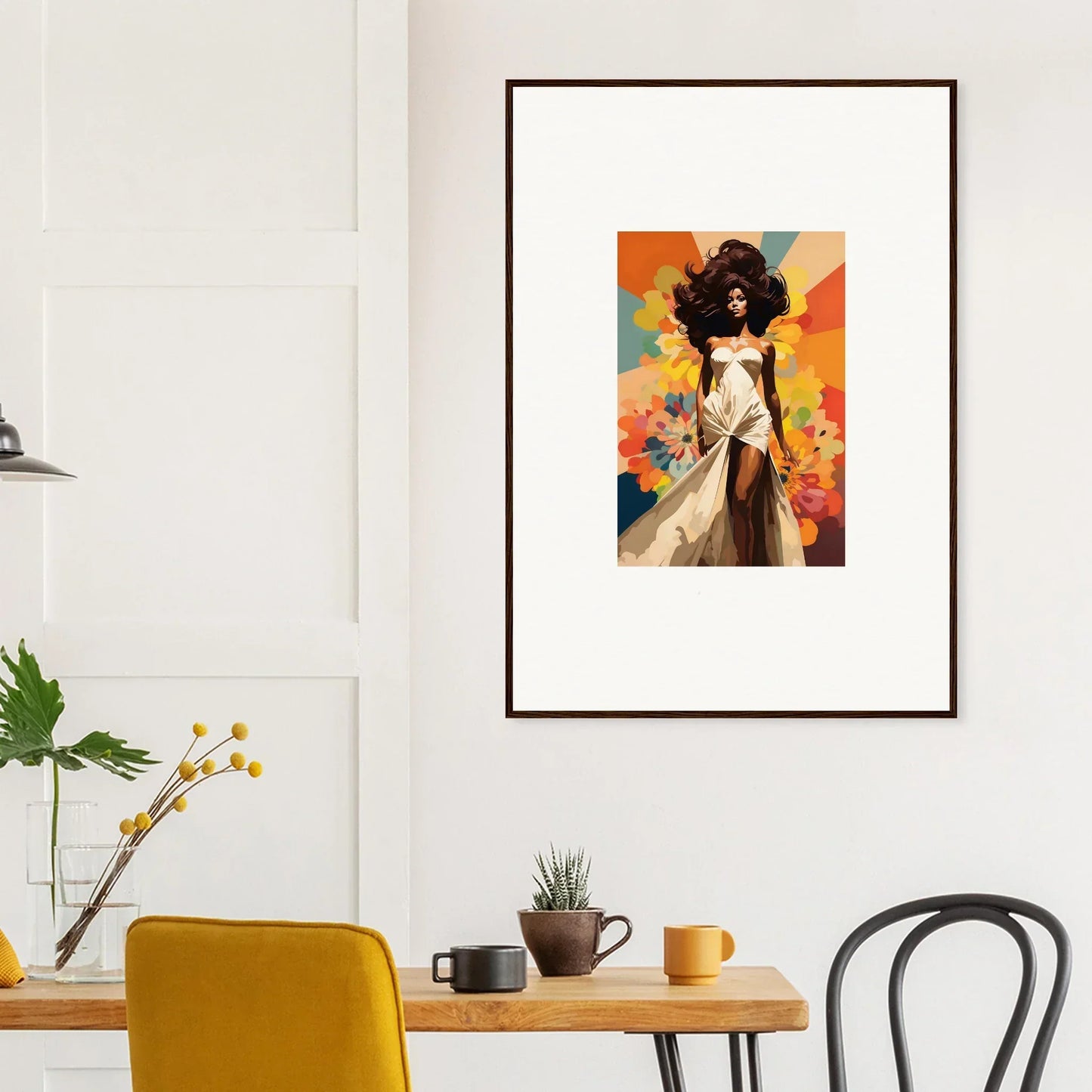 Framed wall art of Starlit Lux Dame, featuring a figure in a white dress on colorful backdrop