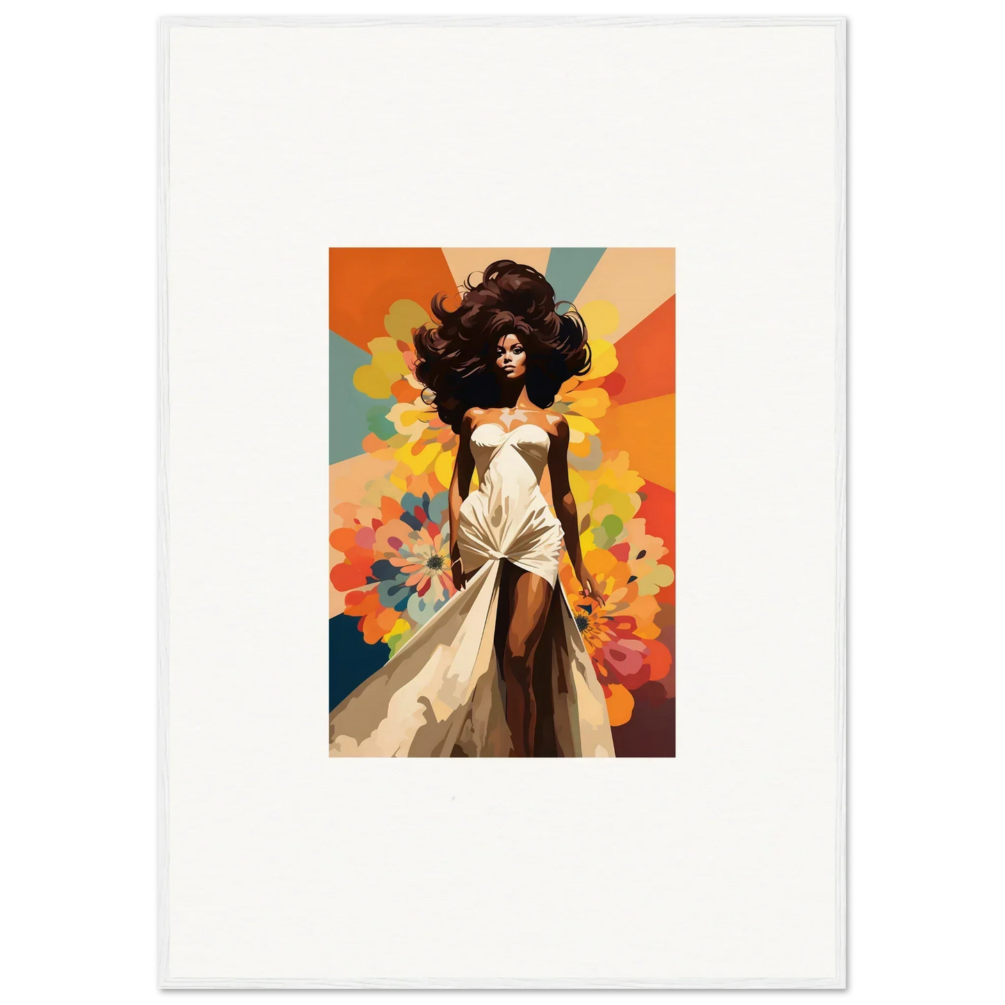 Stylized illustration of Starlit Lux Dame in a flowing dress with vibrant abstract elements