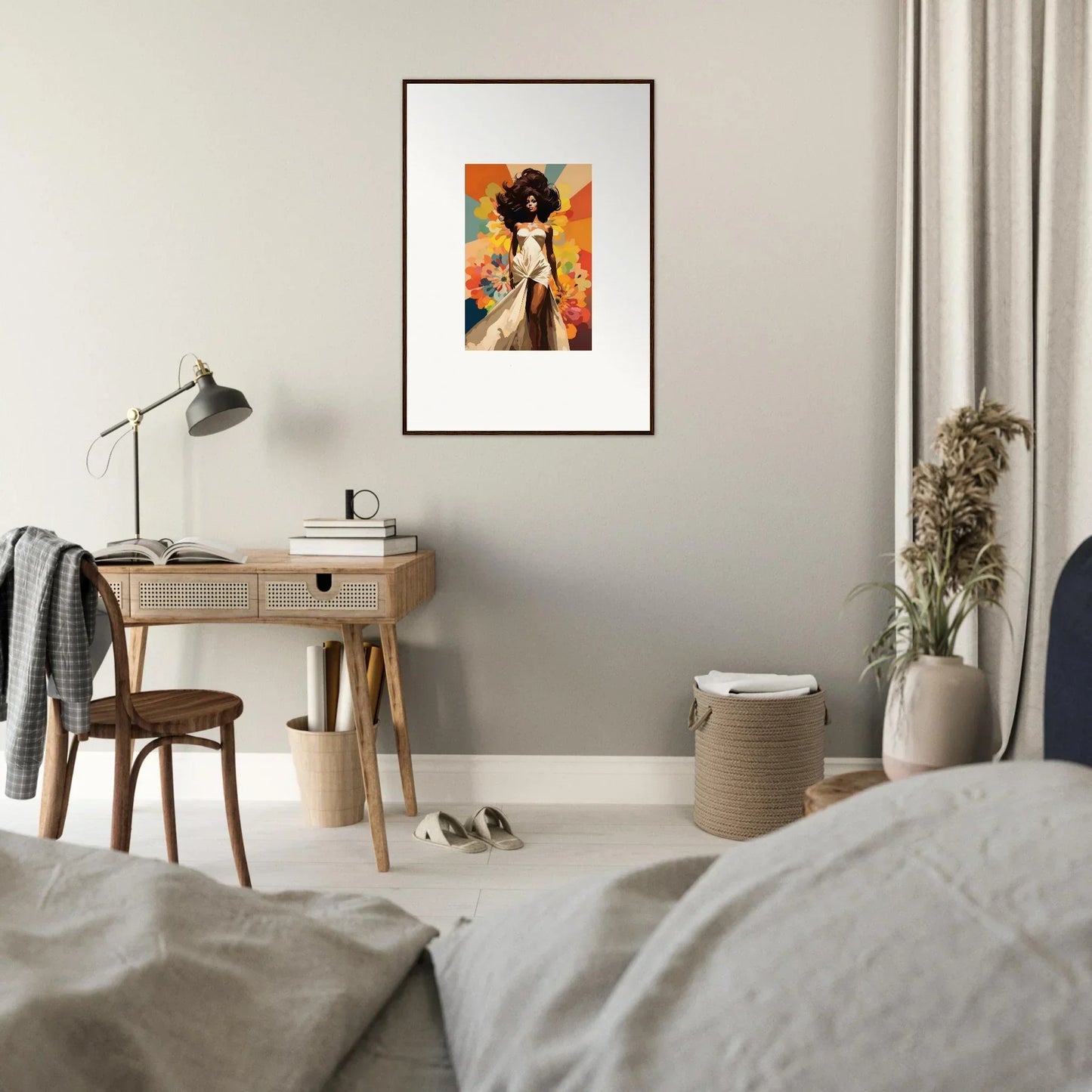 Framed wall art with orange and black tones from Starlit Lux Dame on gray wall
