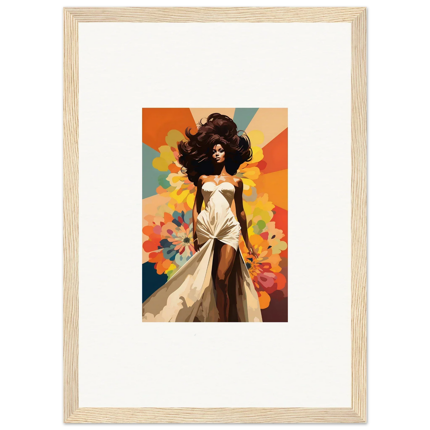 Framed wall art of Starlit Lux Dame in a flowing white dress with a colorful backdrop