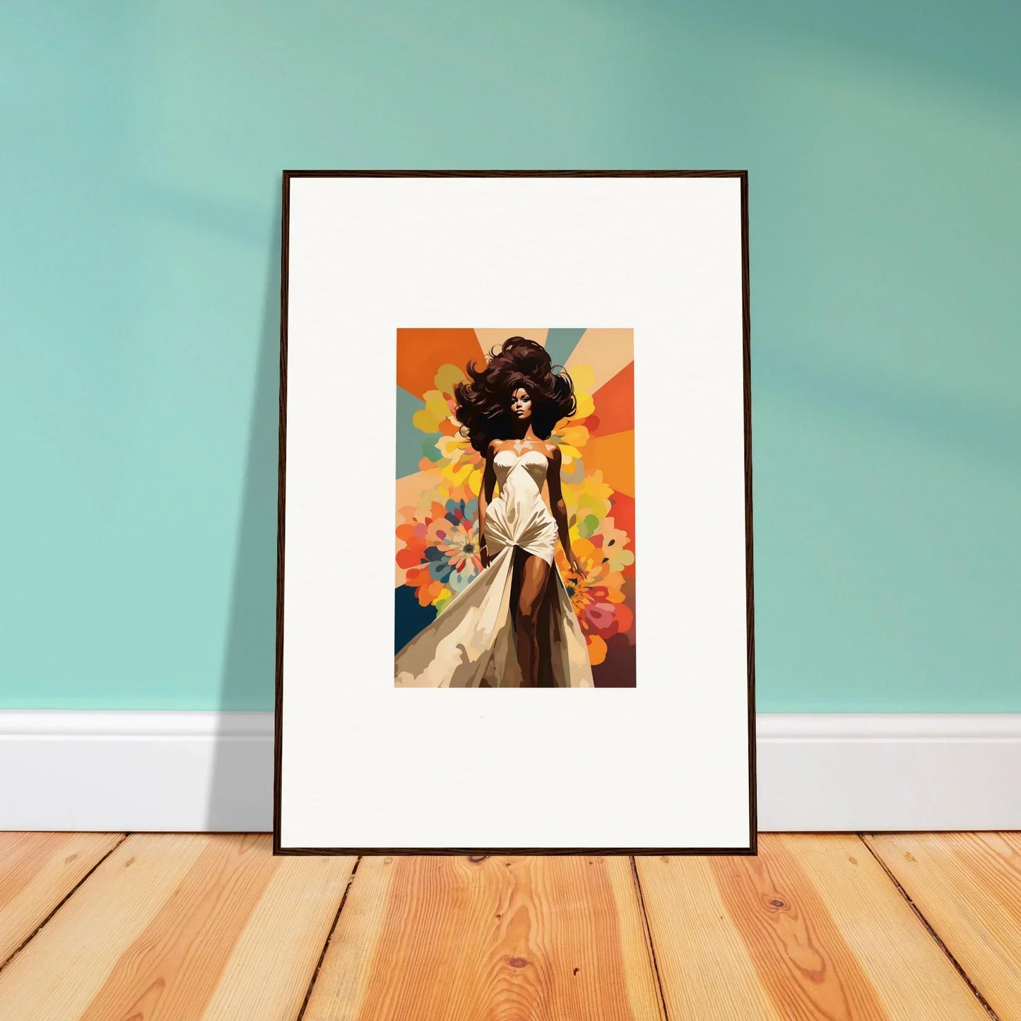 Framed wall art of Starlit Lux Dame with a figure in a white dress on an orange background