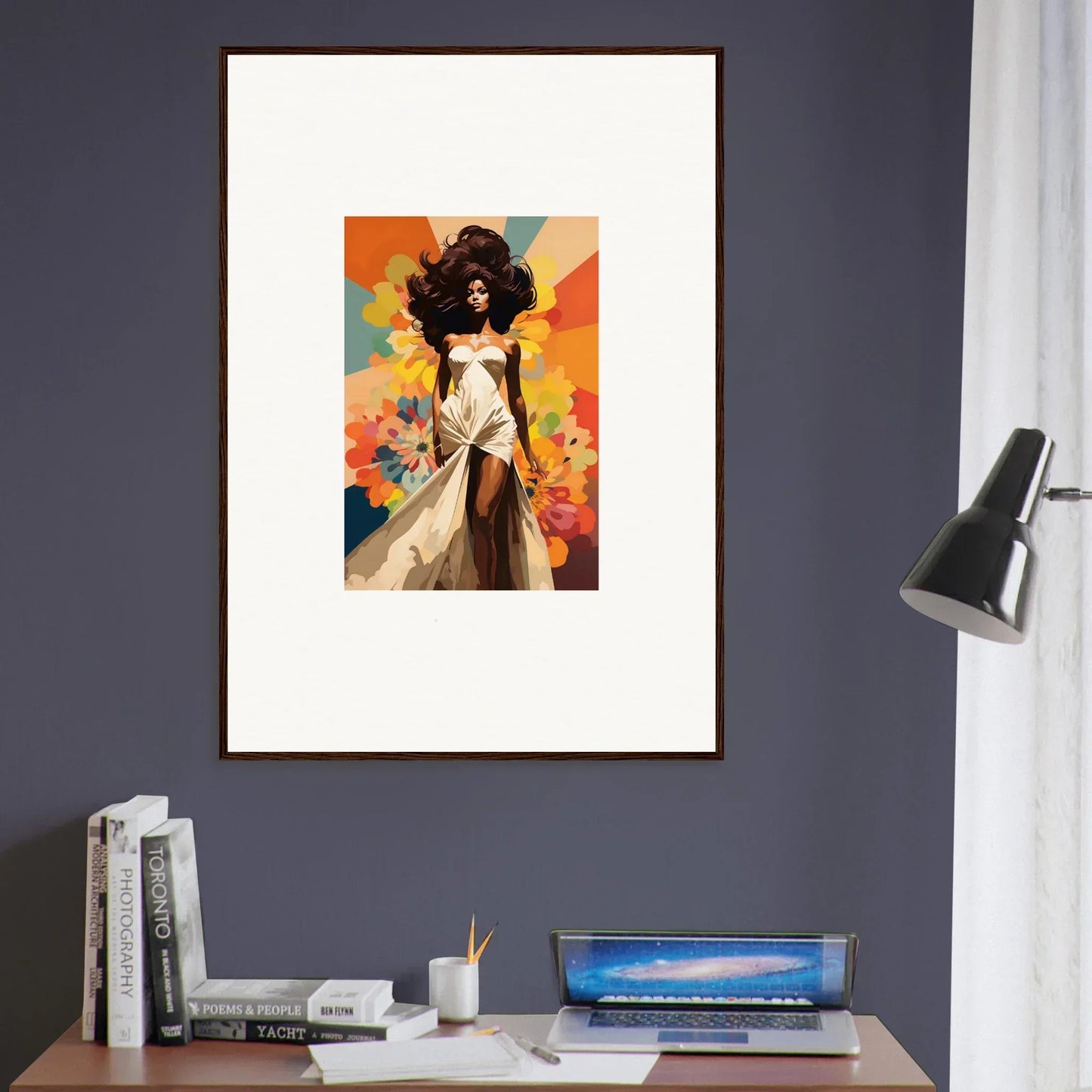 Framed wall art of Starlit Lux Dame with a figure in a white dress on a vibrant backdrop