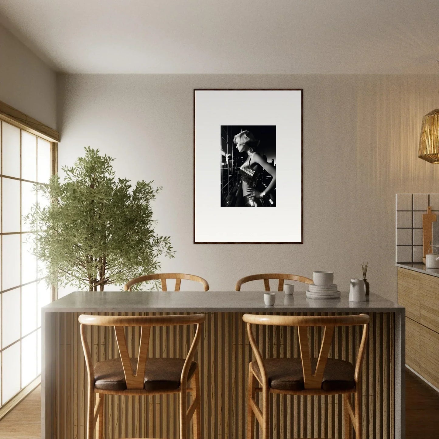 Dining area with a white table, wooden chairs, and a framed black and white photograph on the wall.
