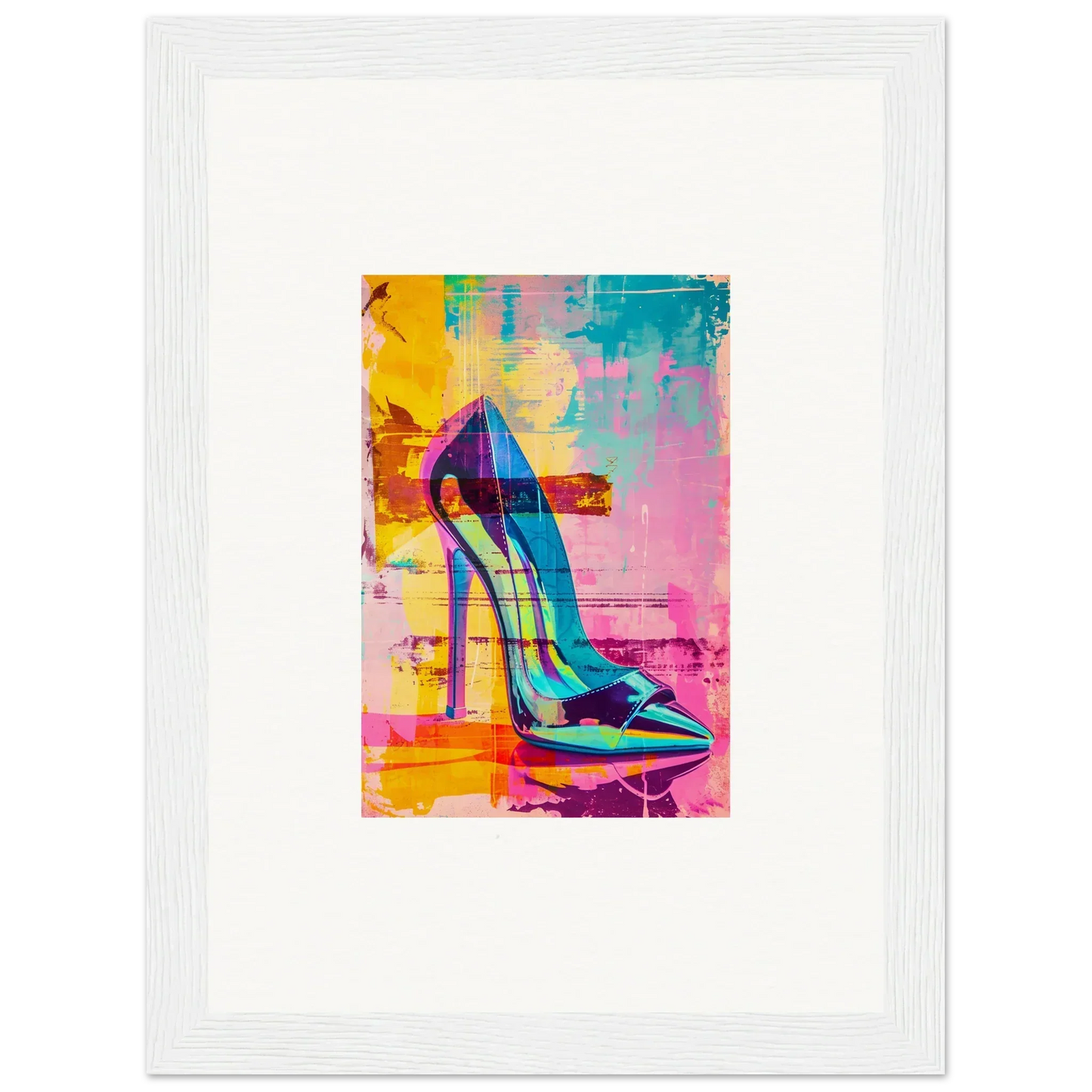 Vibrant pop art stiletto shoe for Noir Reverie room decor and framed wall art