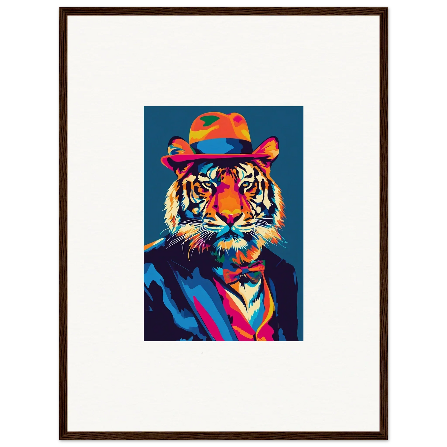 Colorful Pop Art-style Tiger in Hat and Suit for Psychedelic Regal Room Decor