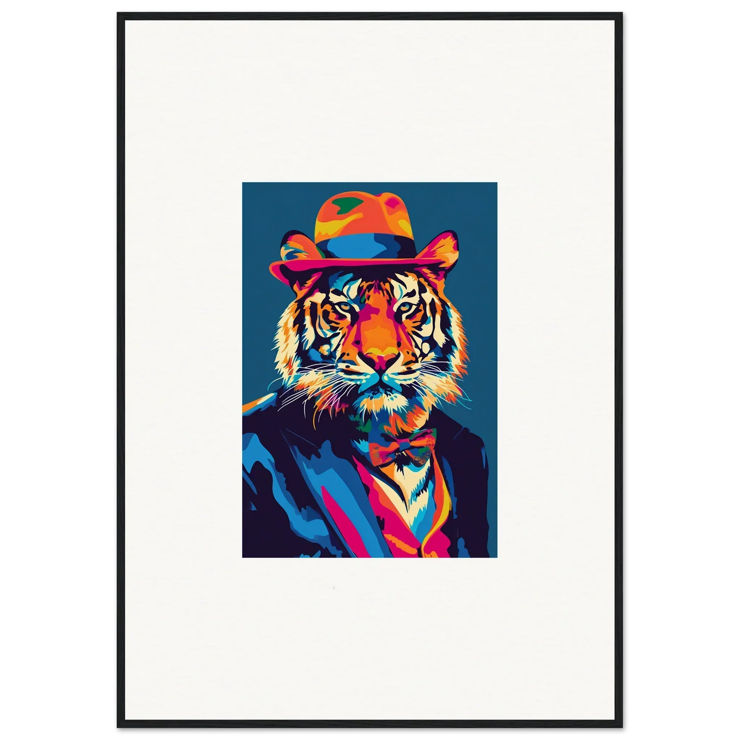 Colorful psychedelic regal pop art tiger in hat and suit for stylish room decor