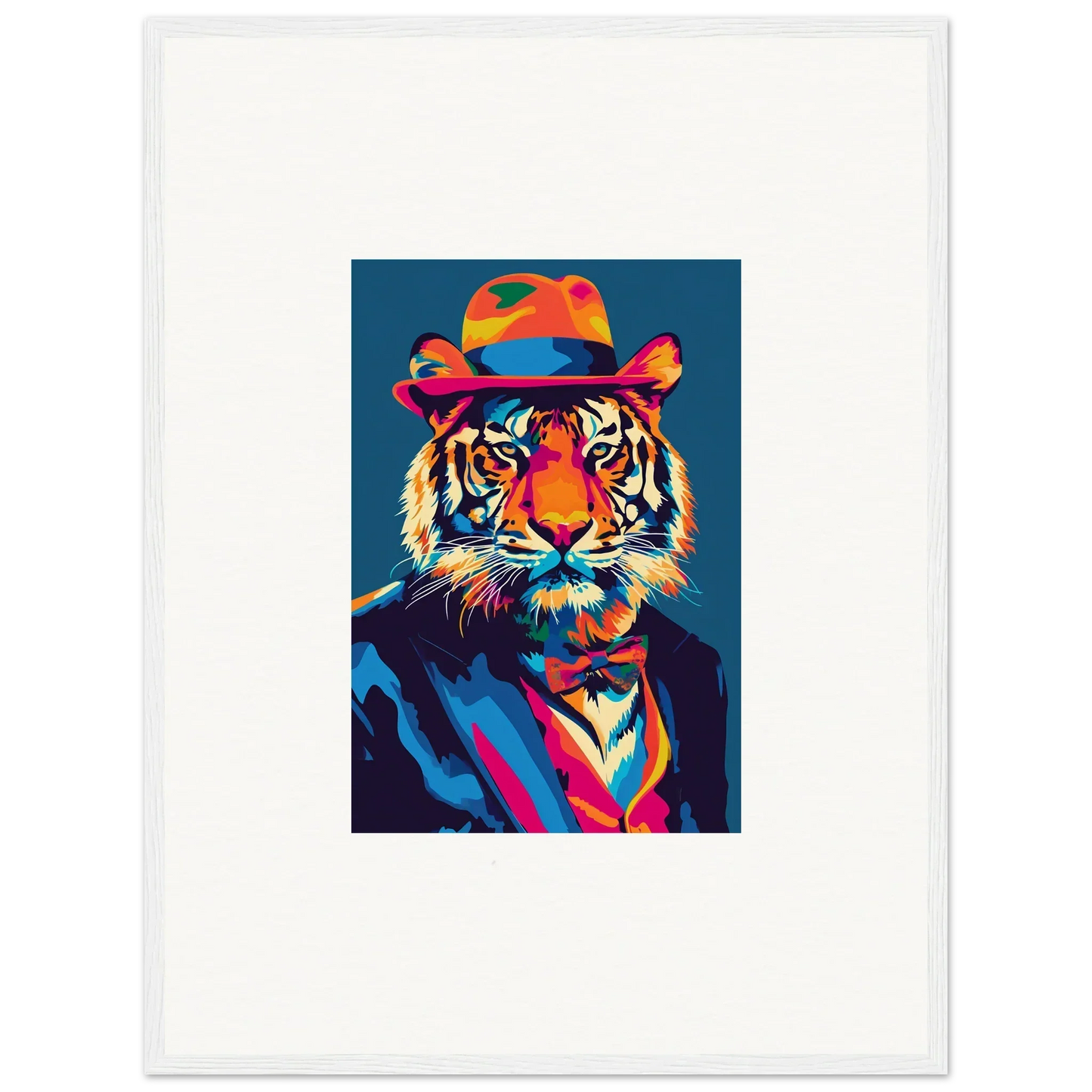 Colorful pop art-style tiger portrait in fedora hat for psychedelic regal room decor