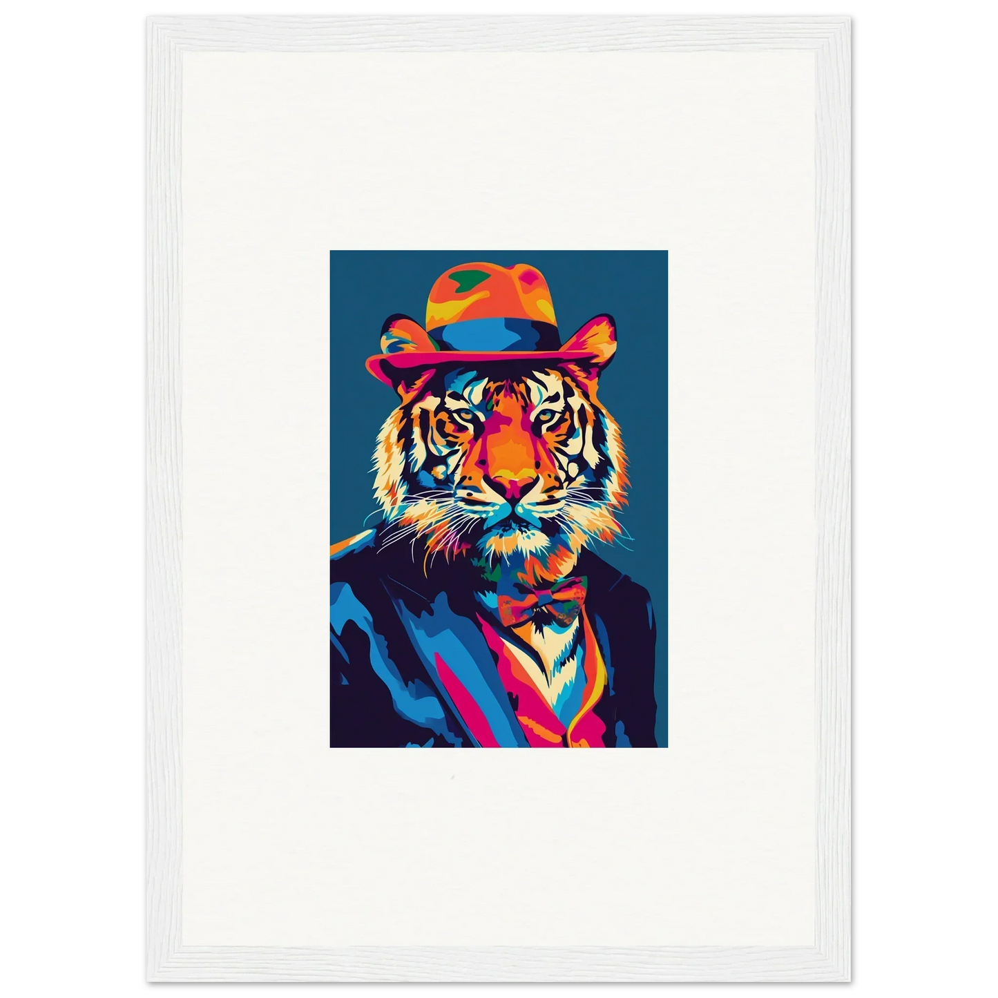 Colorful pop art-style tiger in suit and hat, ideal for psychedelic regal room decor