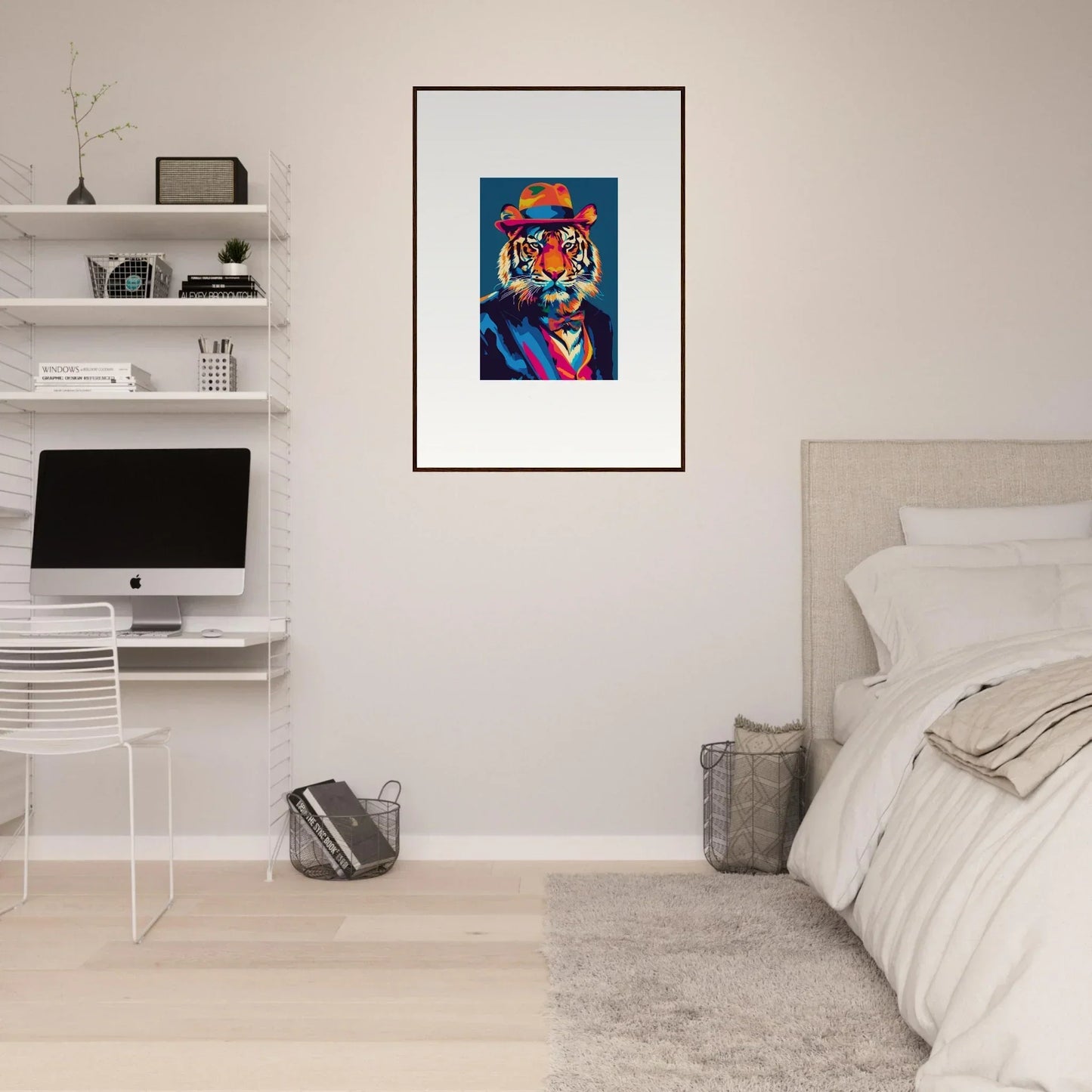 Colorful abstract portrait of a tiger in a black frame for psychedelic regal room decor