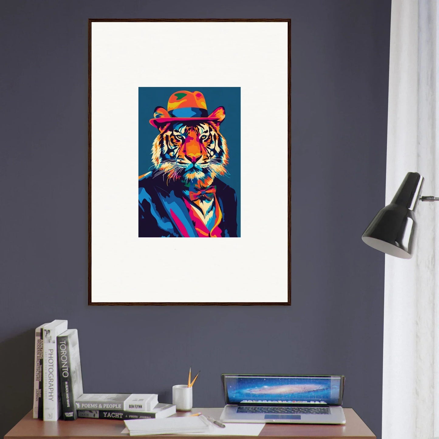 Colorful psychedelic regal tiger portrait with hat and tie for unique room decor