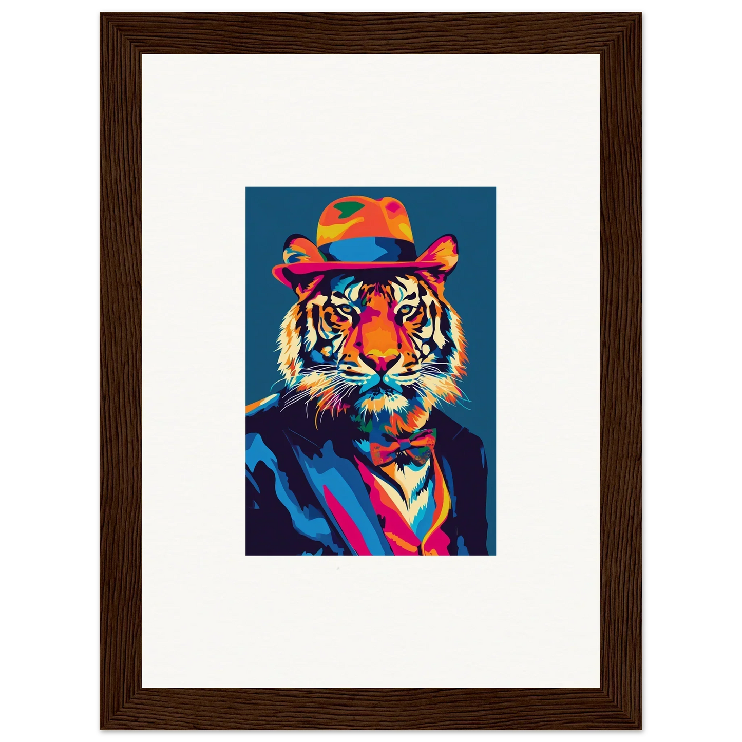 Colorful pop art-style tiger portrait in a suit, perfect for psychedelic regal room decor