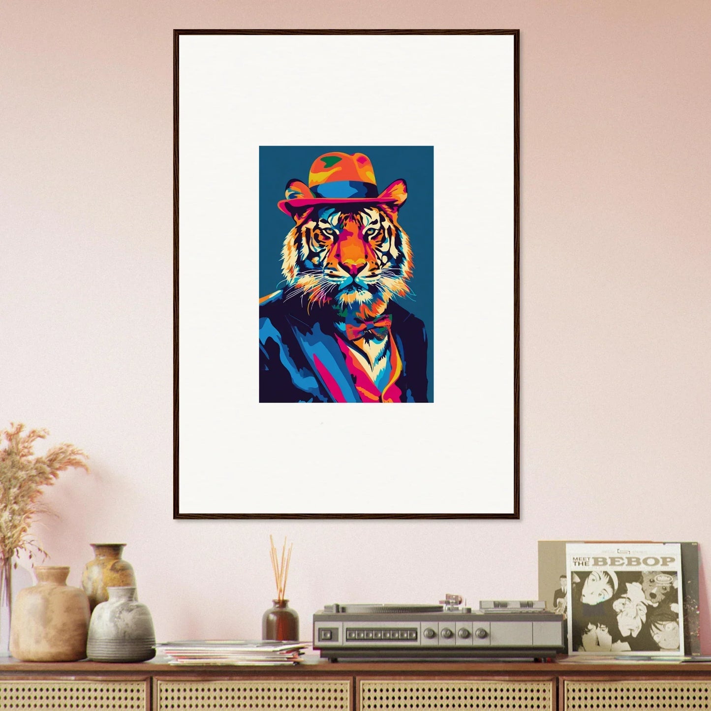 Framed Pop Art Tiger in a Suit, a vibrant piece of Psychedelic Regal room decor