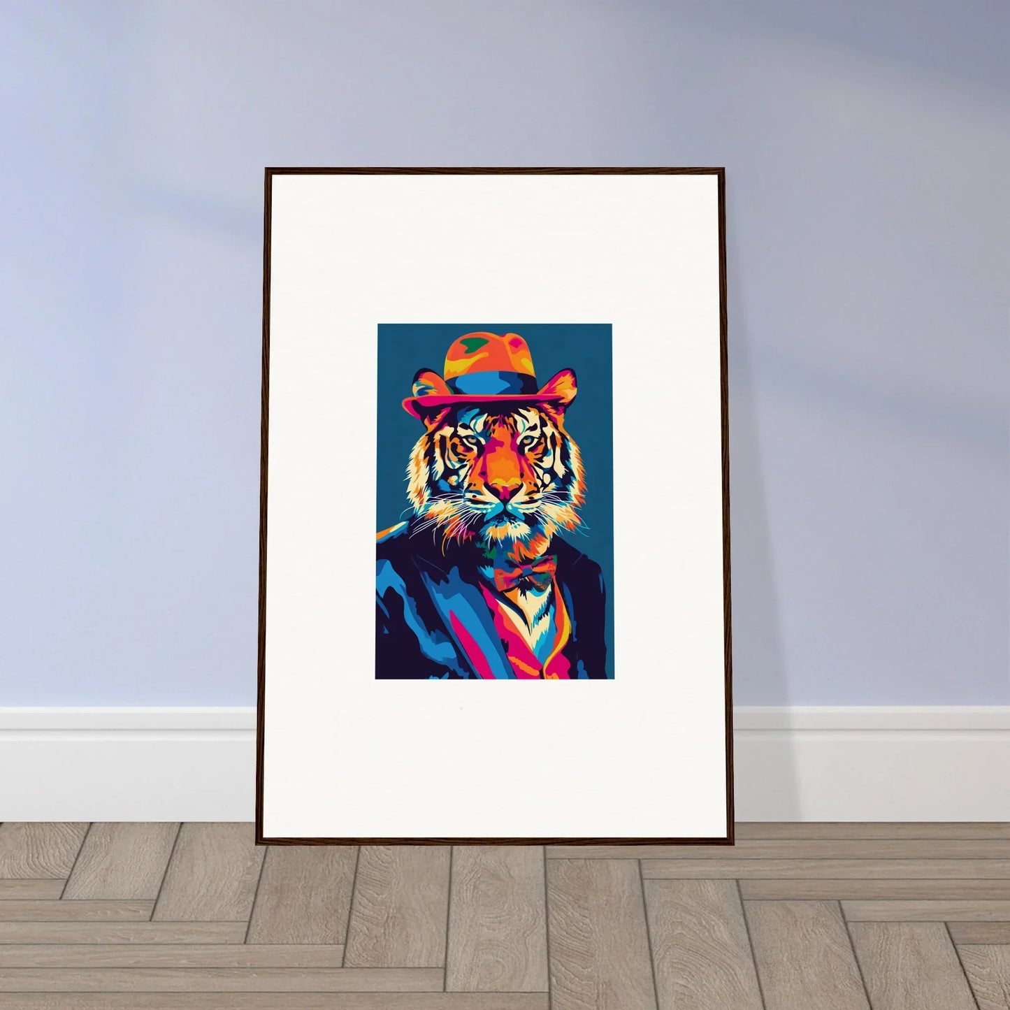 Framed Pop Art Tiger in Hat and Tie for Psychedelic Regal Room Decor