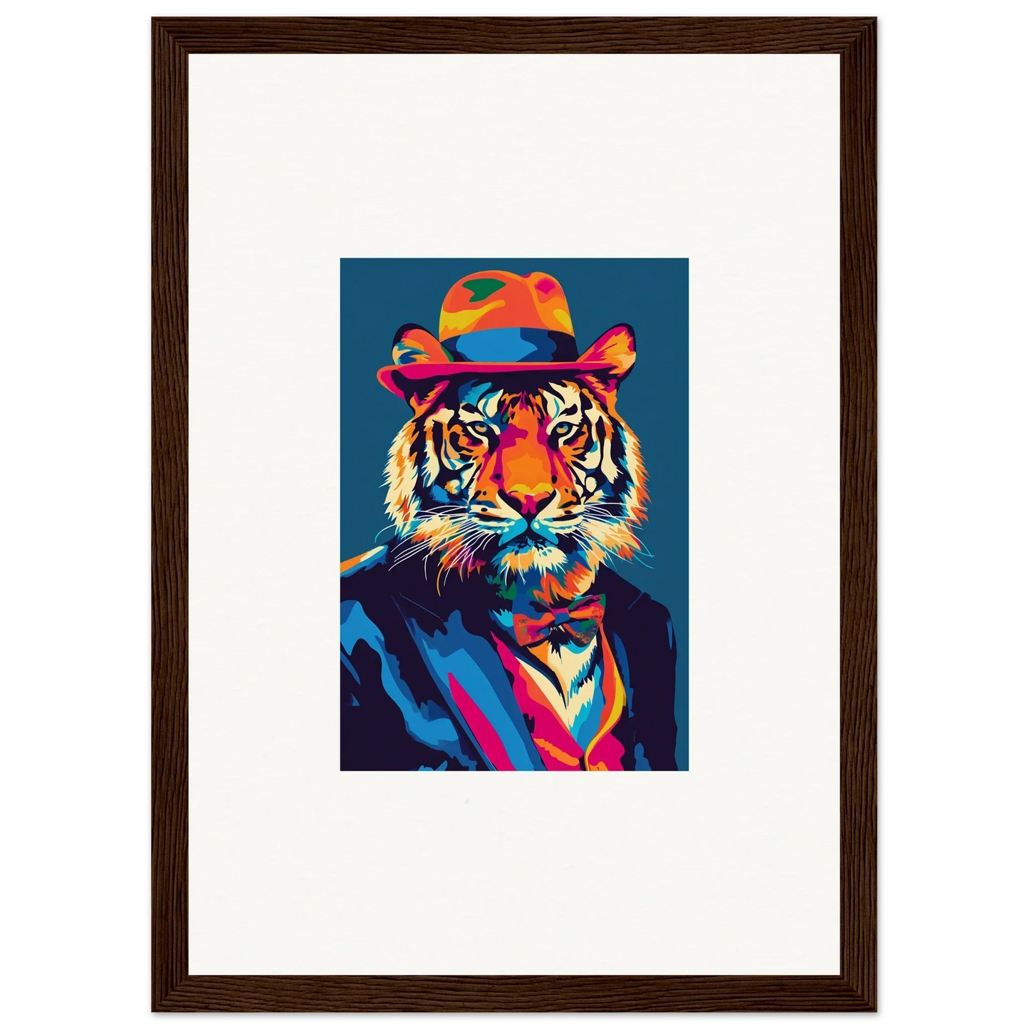 Colorful pop art tiger in a hat and suit, perfect for psychedelic regal room decor