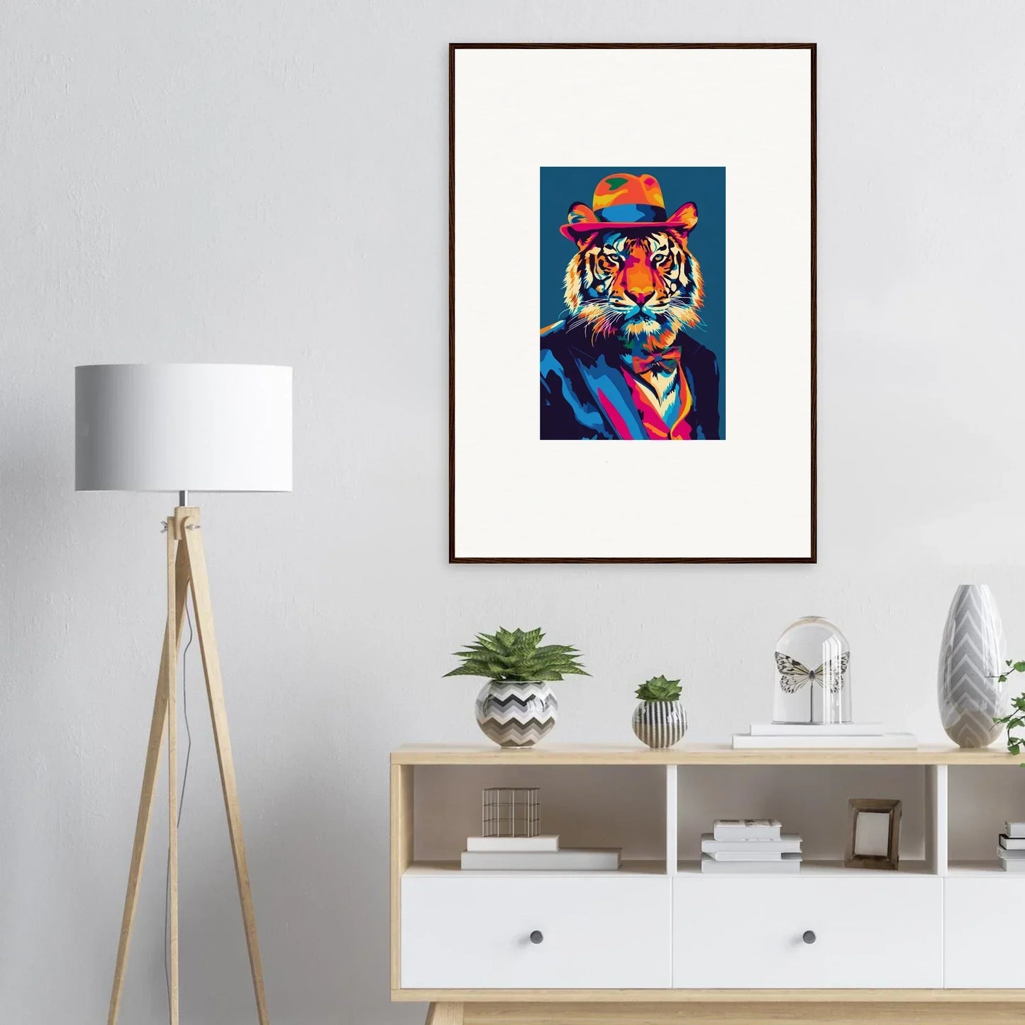 Colorful pop art tiger in a hat, perfect for psychedelic regal room decor