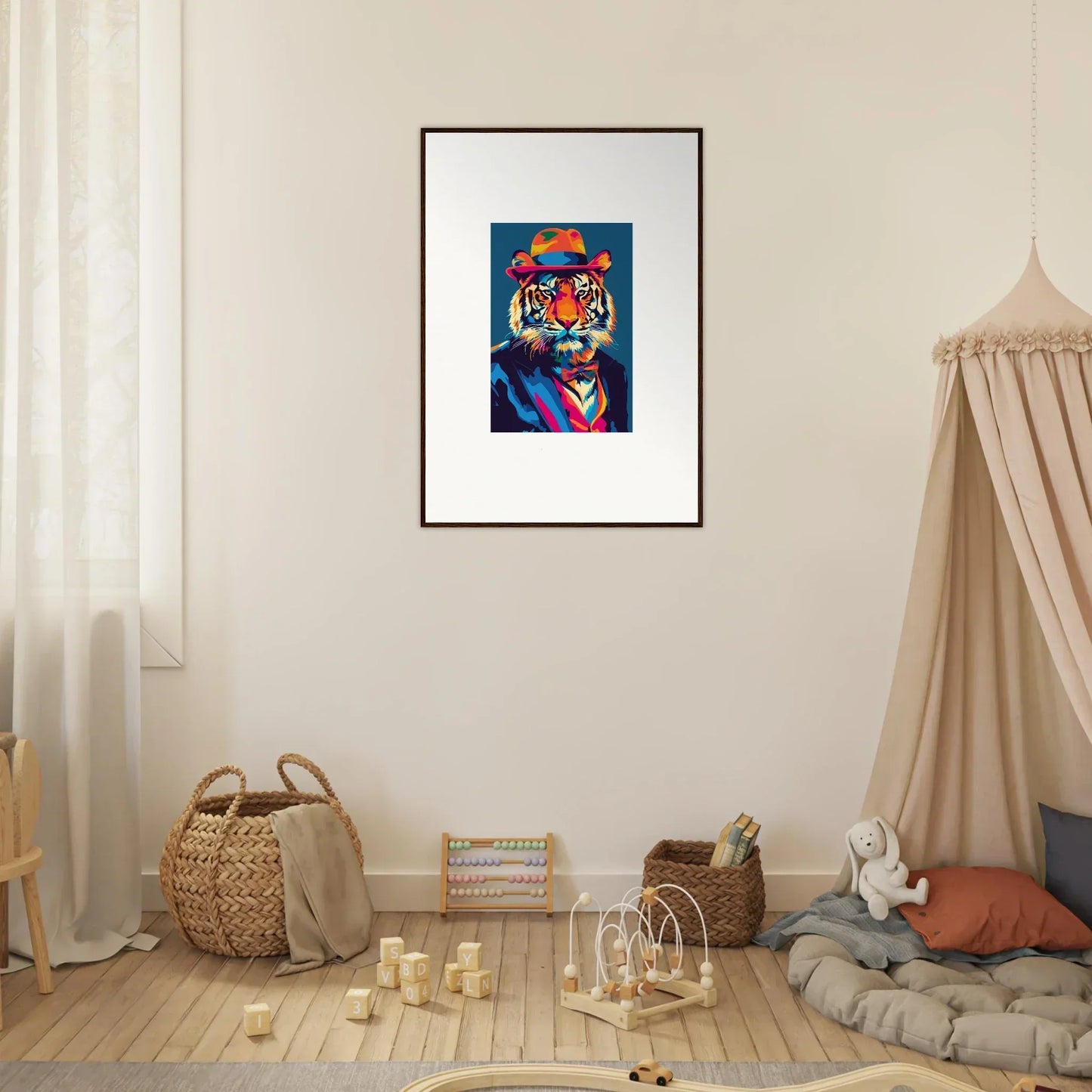 Framed wall art of a tiger’s face in psychedelic regal colors for room decor