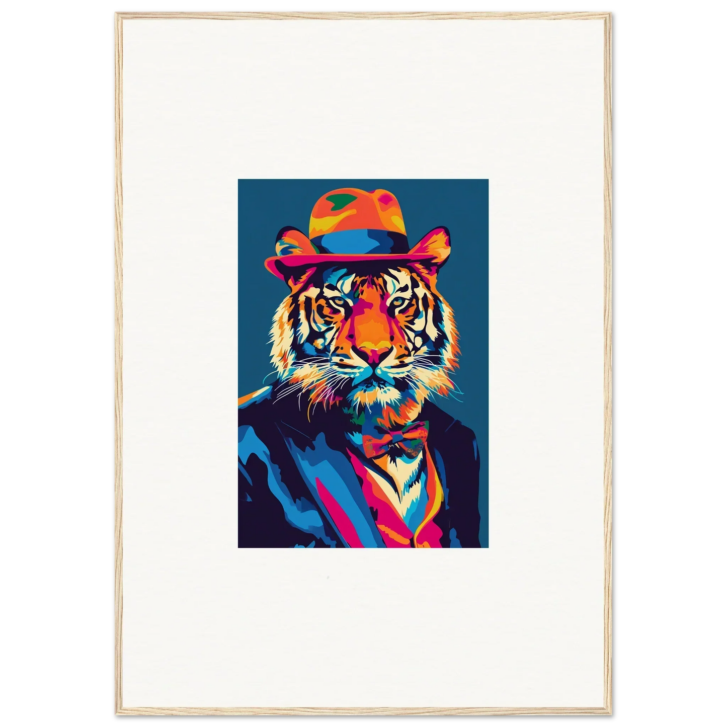 Colorful Psychedelic Regal tiger portrait in hat and suit for trendy room decor