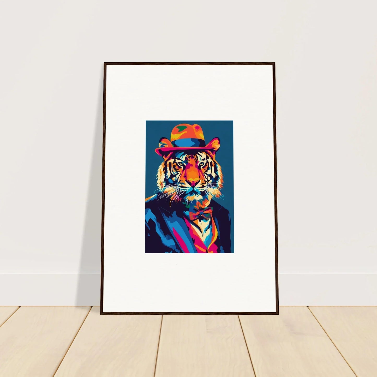 Colorful pop art-style tiger wearing a hat for psychedelic regal room decor