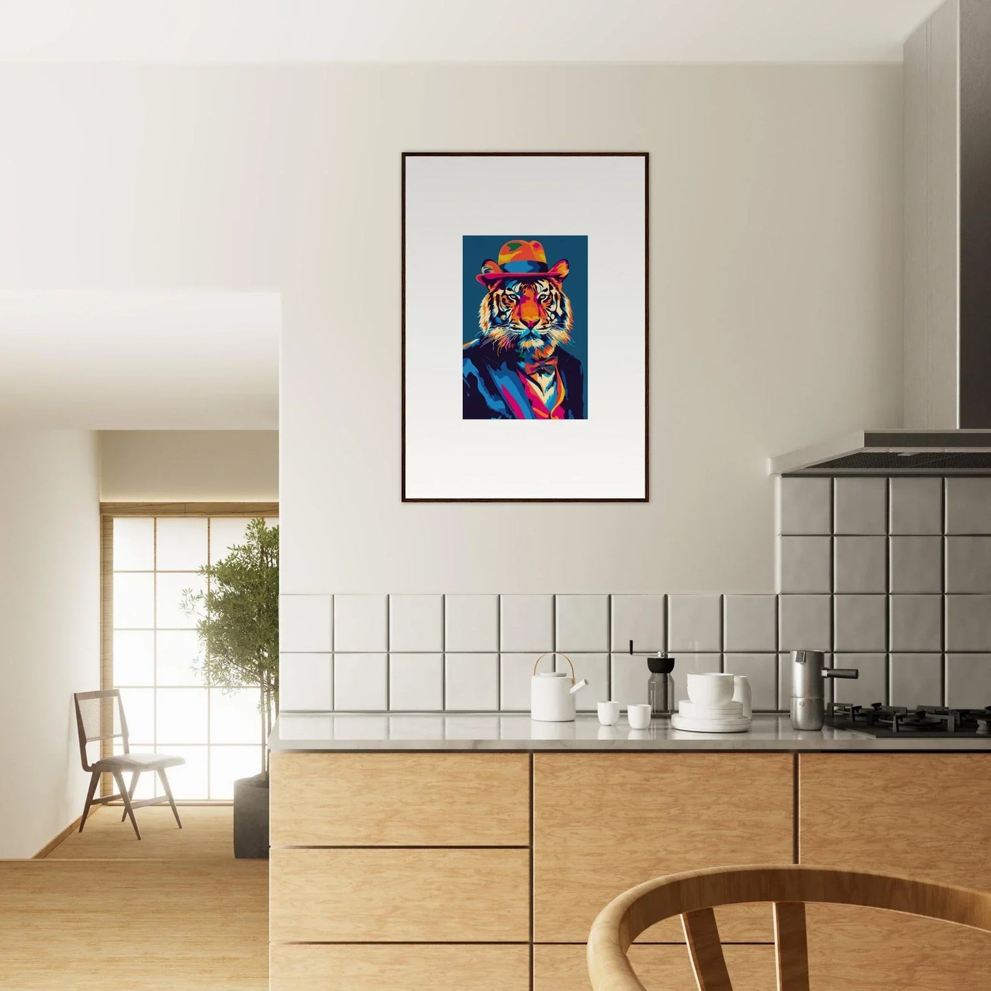 Colorful abstract tiger portrait in a hat, perfect for psychedelic regal room decor