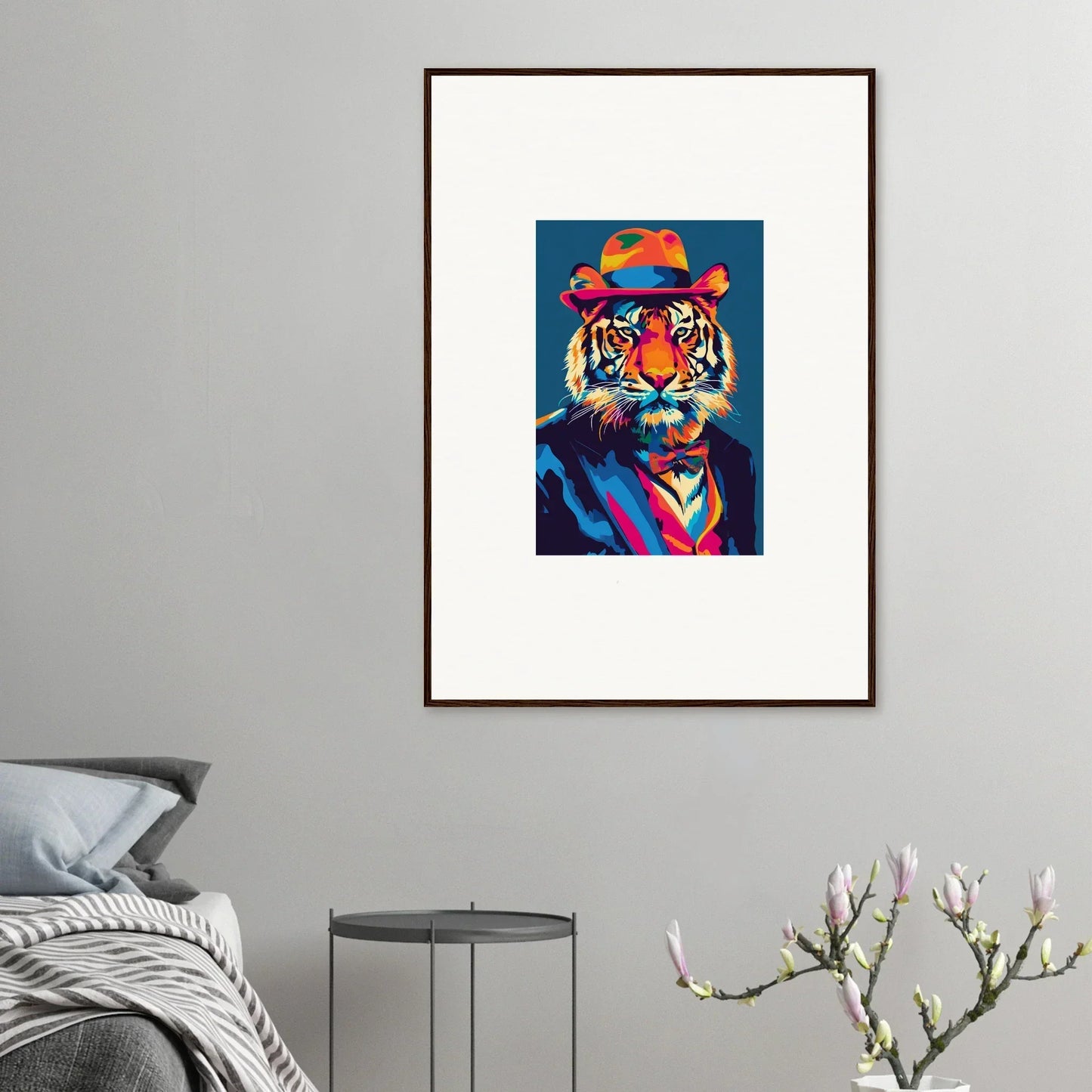 Colorful pop art-style tiger in hat and sunglasses for psychedelic regal room decor