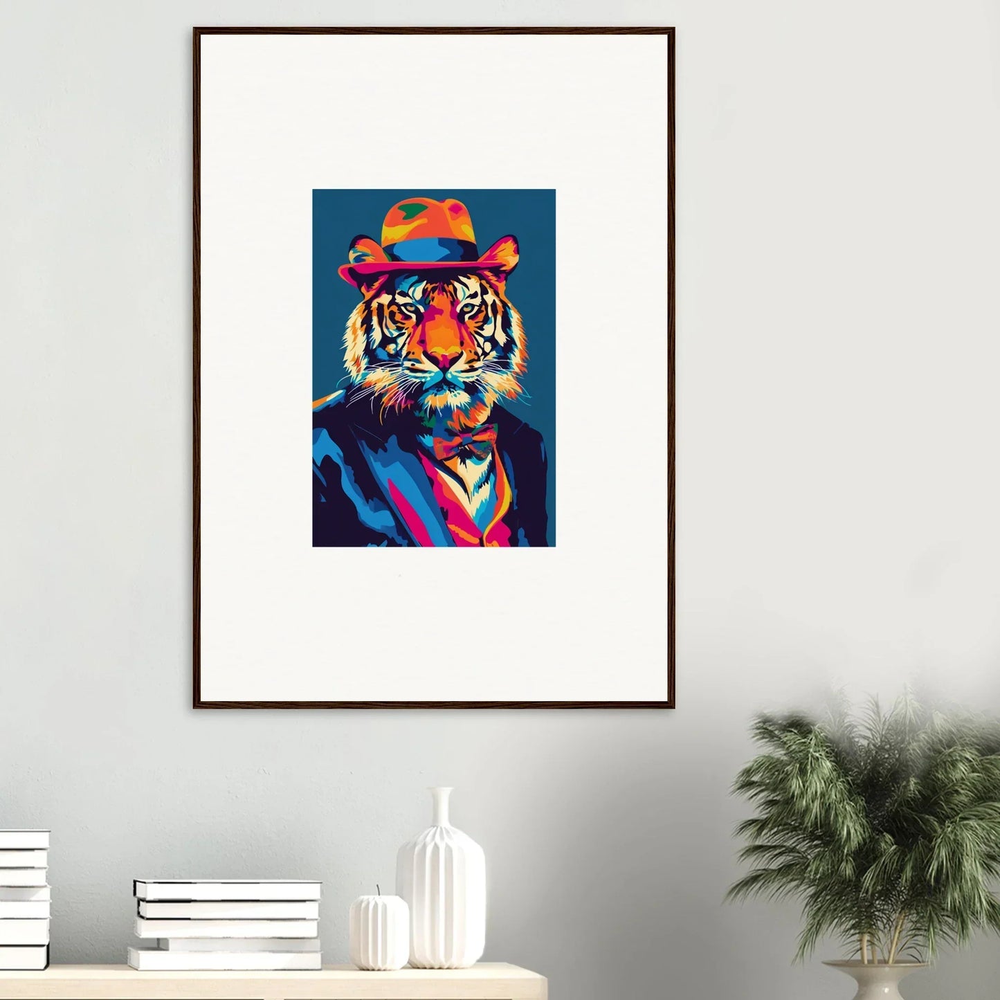 Colorful tiger portrait in cowboy hat and necktie, perfect for psychedelic regal room decor