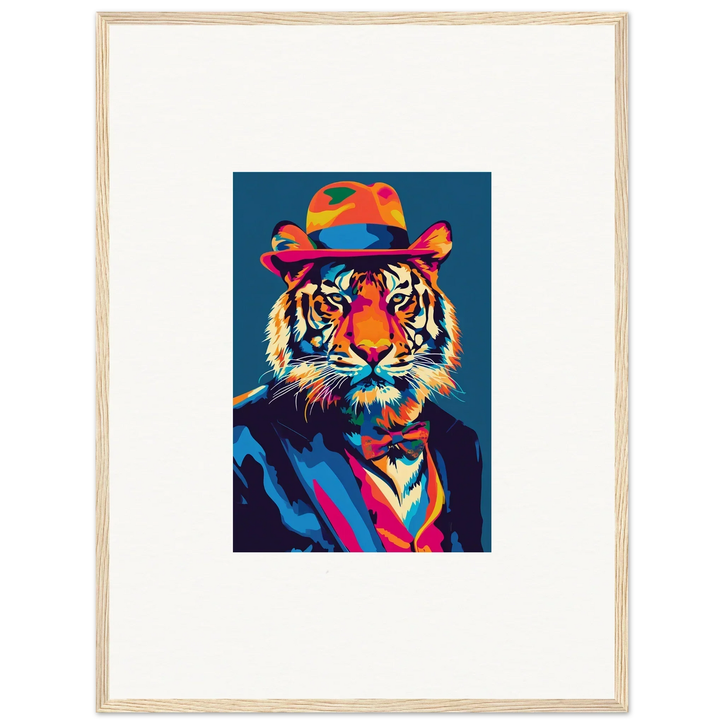 Colorful pop art tiger in fedora and suit, perfect for psychedelic regal room decor